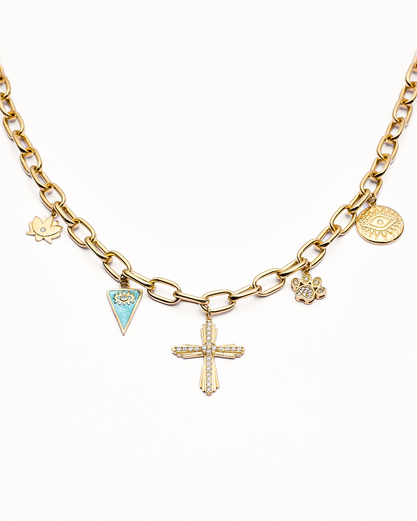 Gold Pendant Necklace with Turquoise Charm, Cross & Flower - 18k Gold Vermeil