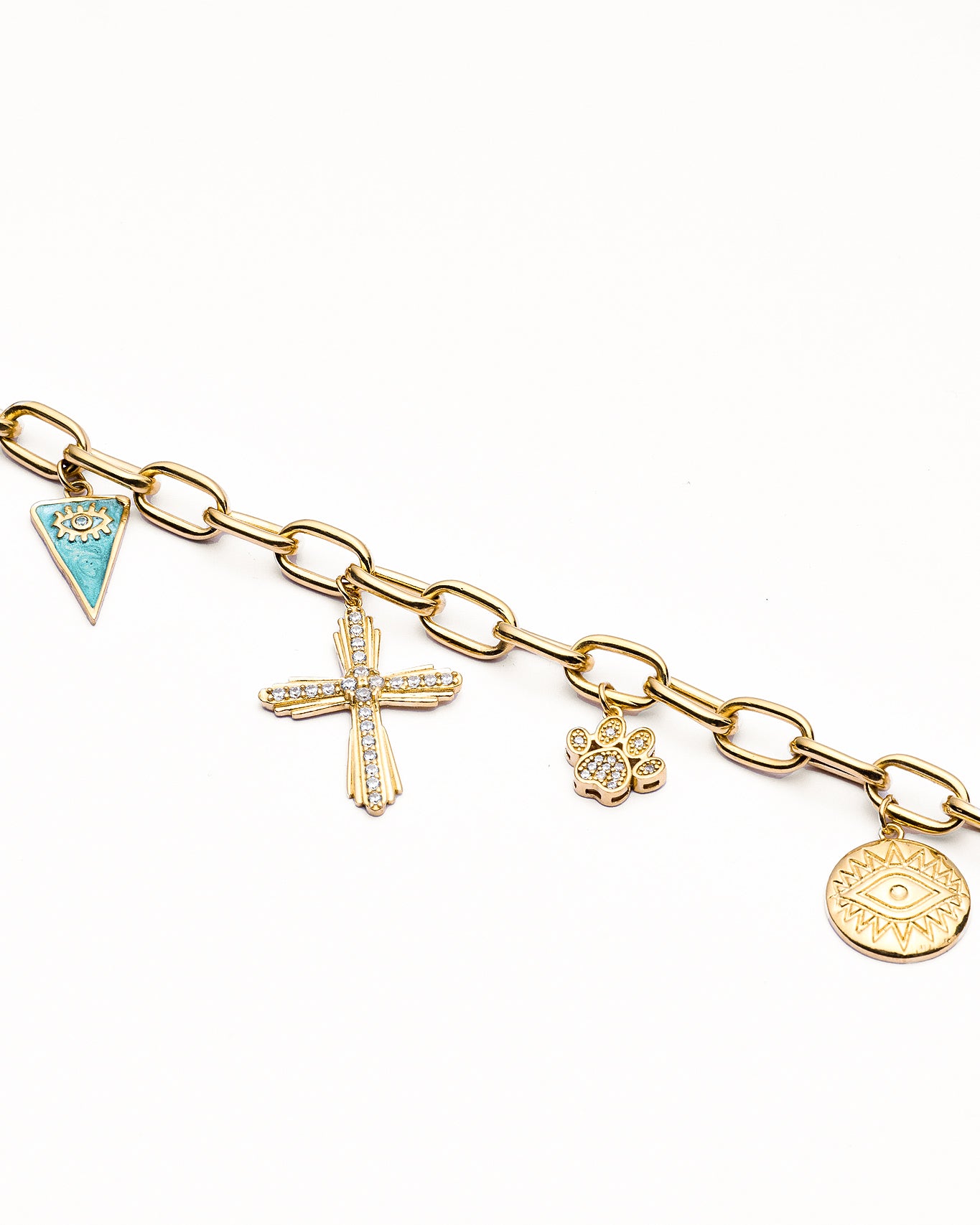 Gold Pendant Necklace with Turquoise Charm, Cross & Flower - 18k Gold Vermeil