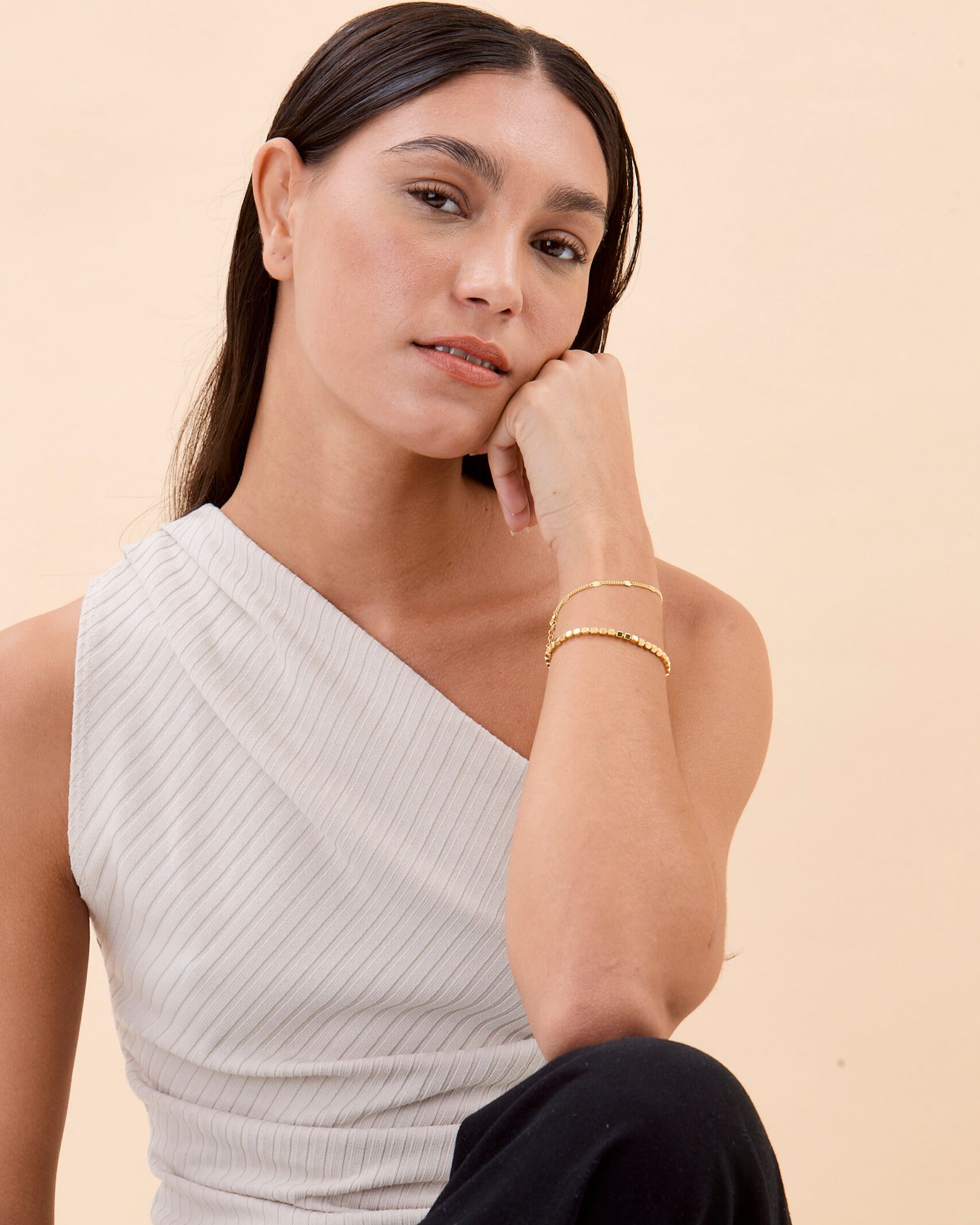 Cube Bead & Mini Bead Chain Bracelet Set - 18k Gold Vermeil