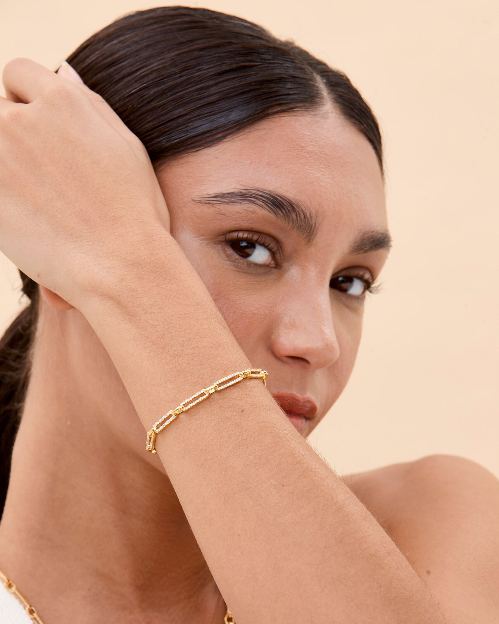 Paperclip Chain Rectangle Pave Link Bracelet - 18k Gold Vermeil