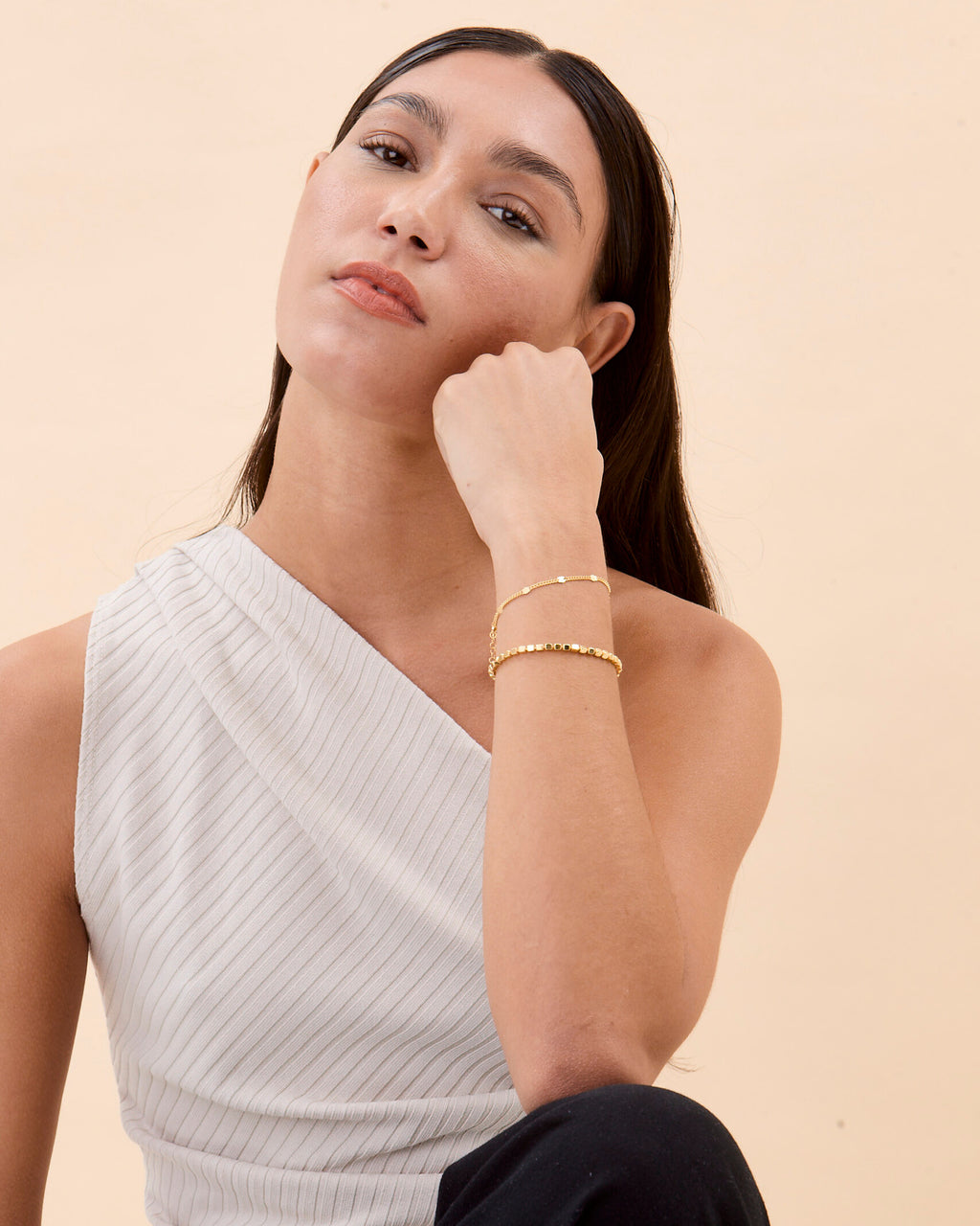 Cube Bead & Mini Bead Chain Bracelet Set - 18k Gold Vermeil