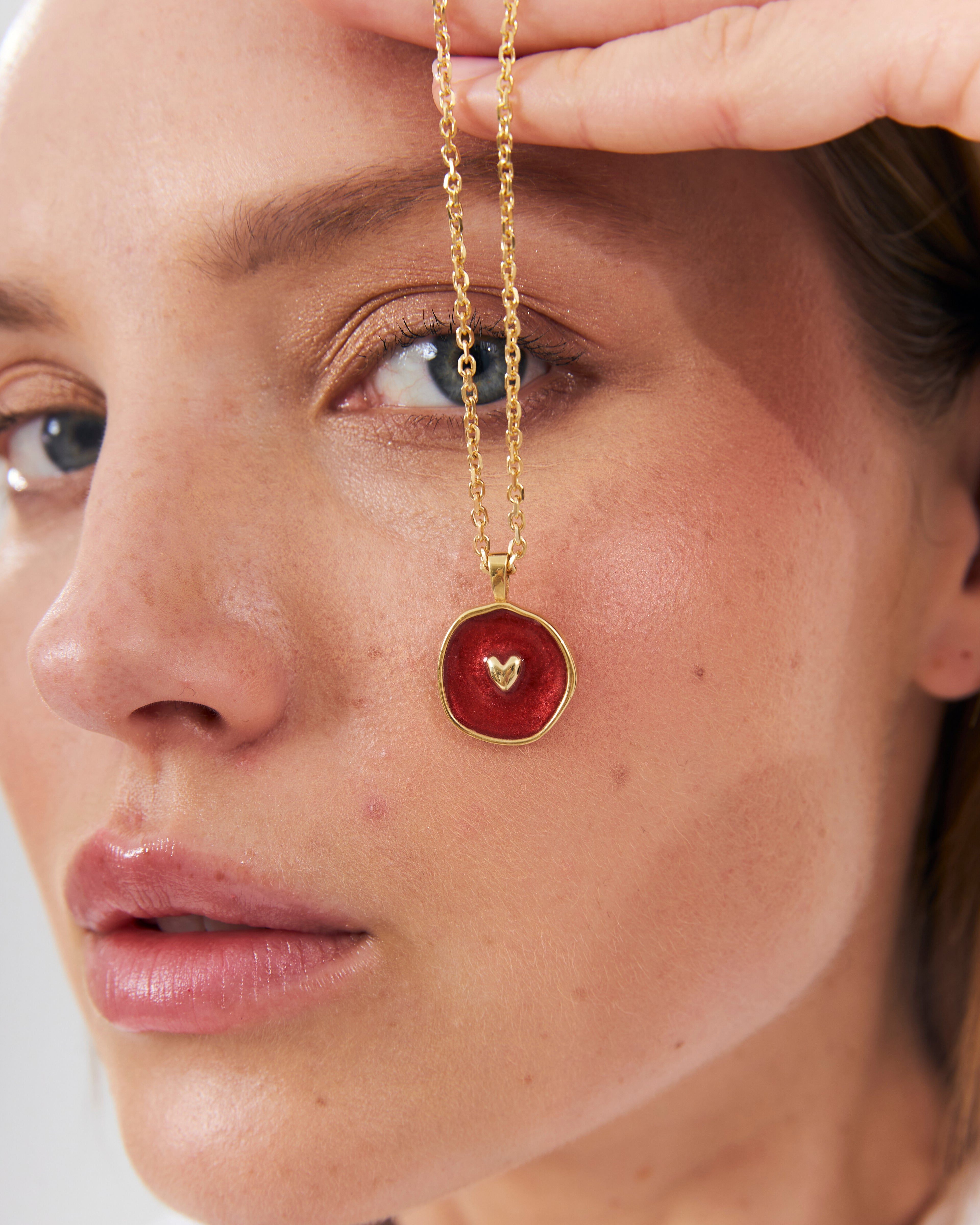 925k Red Enamel Heart Pendant Necklace - 18k Gold Vermeil