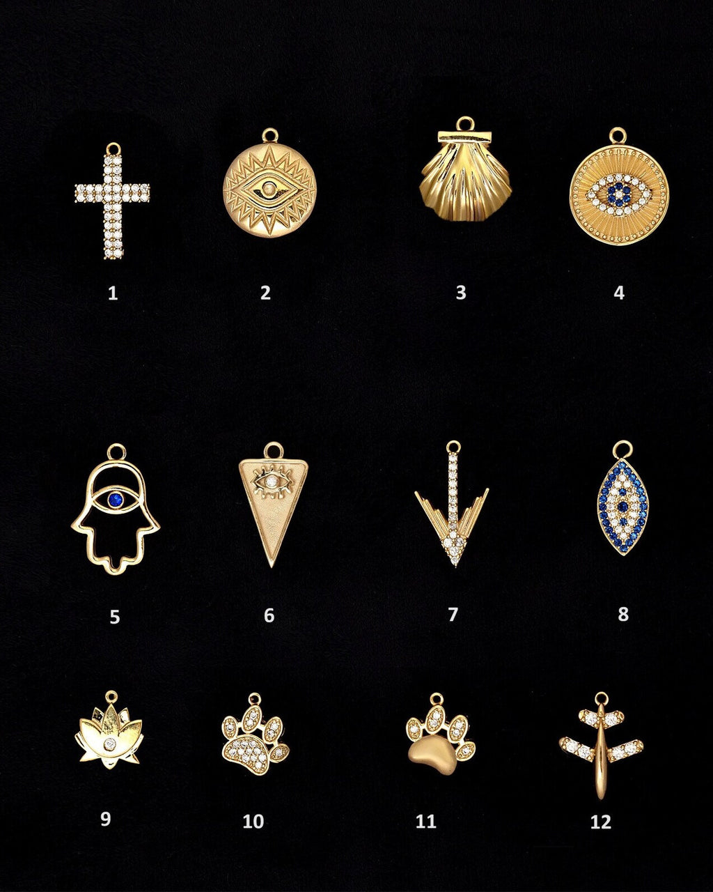 Gold Charm Bracelet with Evil Eye, Paw & Shell Pendants - 925k Sterling Silver