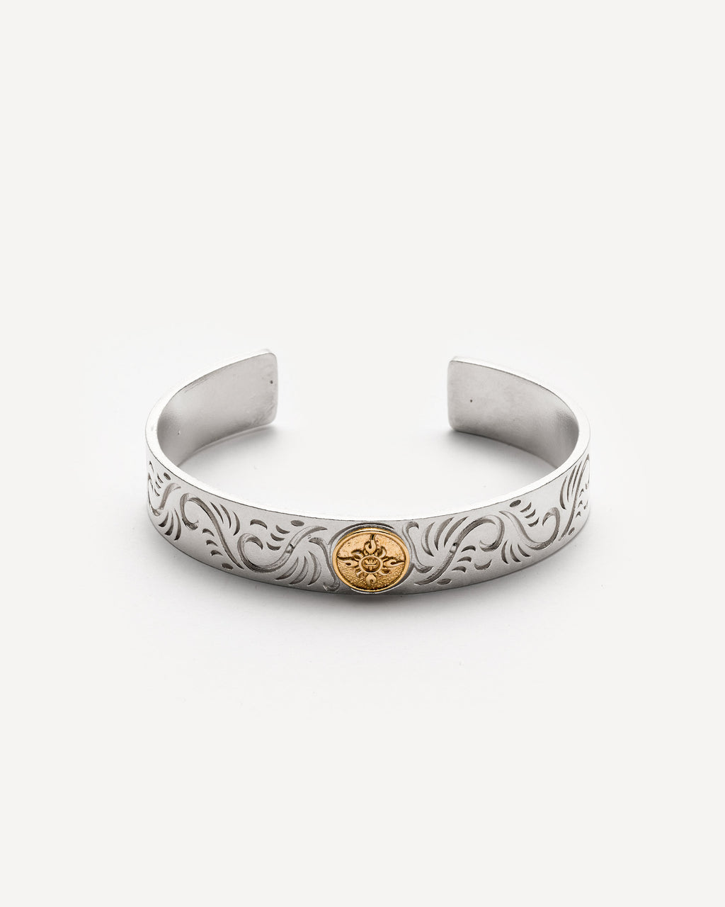 Engraved Silver Cuff Bracelet with Sun Emblem - 925k Sterling Silver