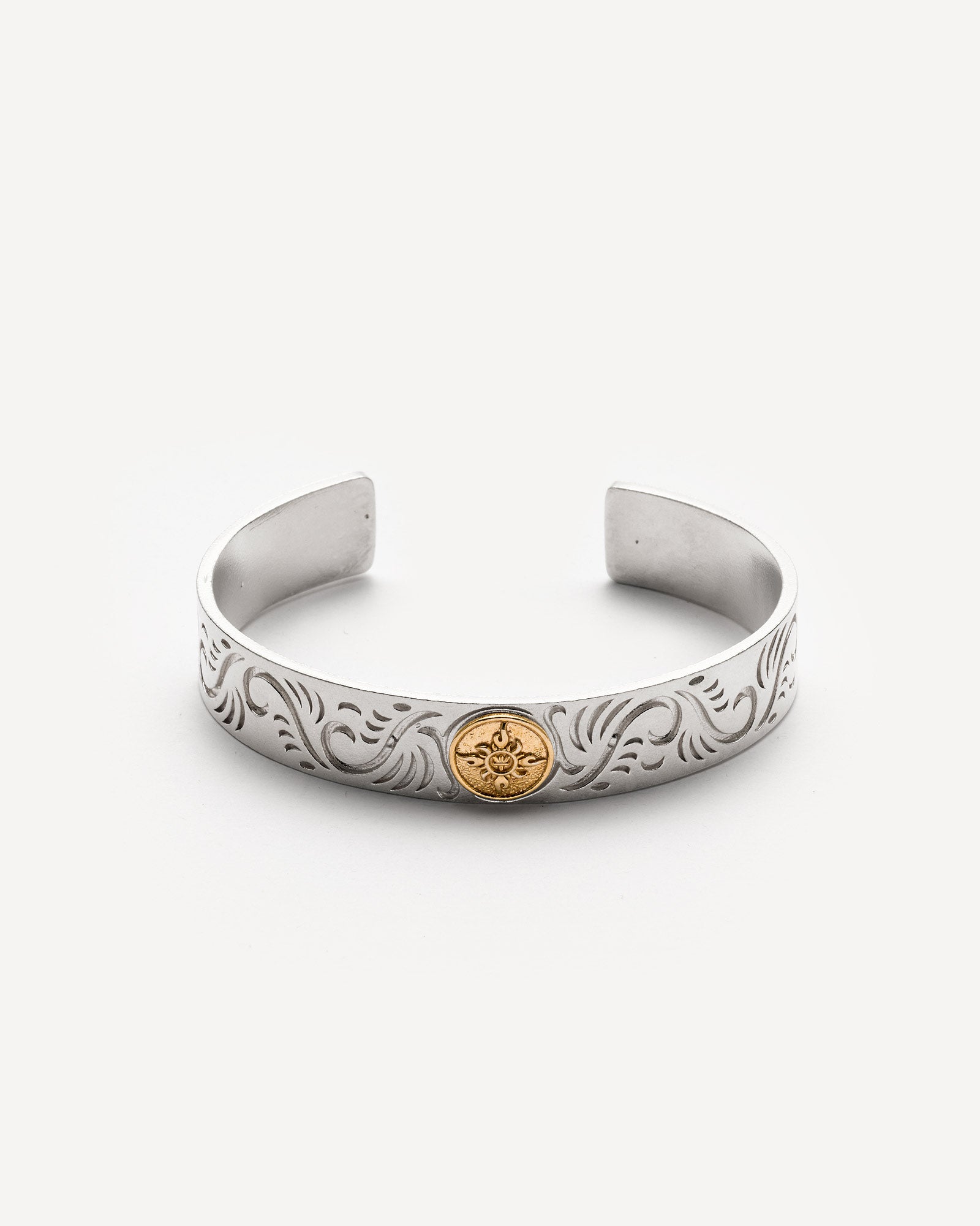 Engraved Silver Cuff Bracelet with Sun Emblem - 925k Sterling Silver
