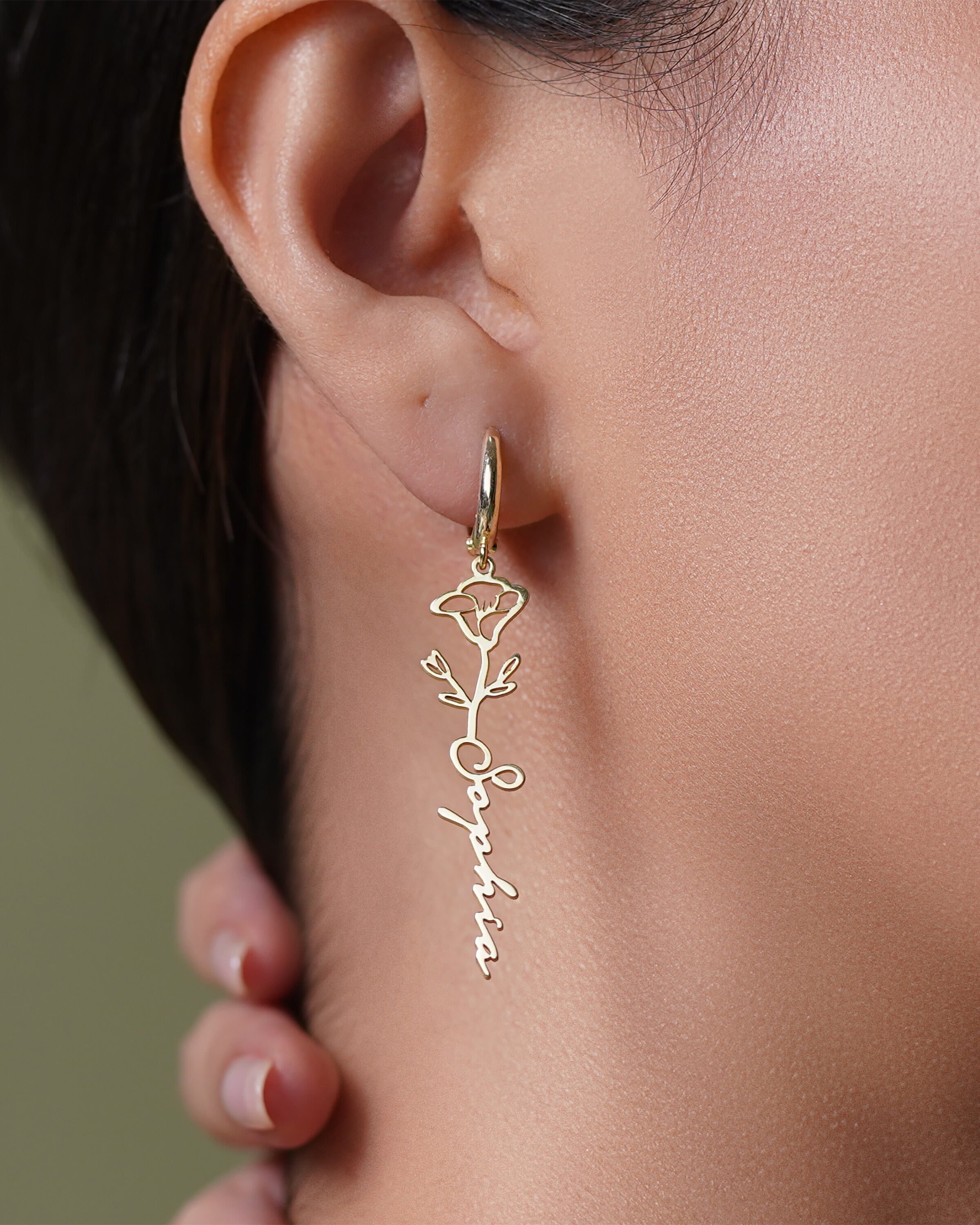 Custom Name Rose Earrings, Personalized Gold Flower Dangle Earrings