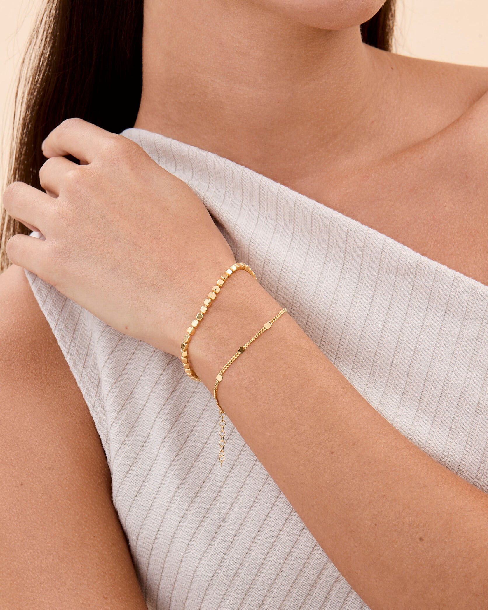 Cube Bead & Mini Bead Chain Bracelet Set - 18k Gold Vermeil