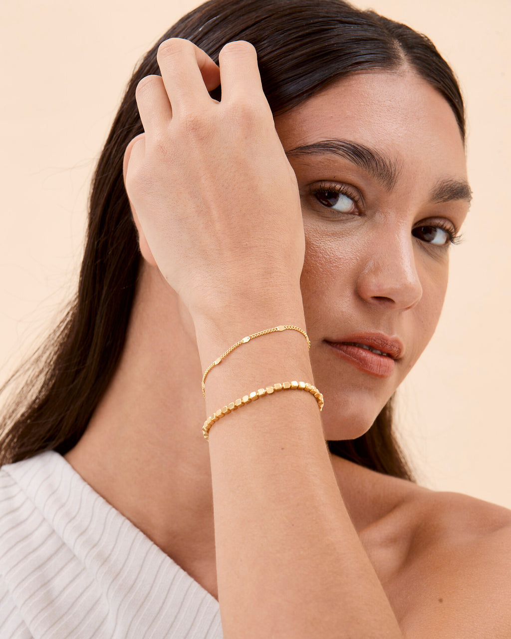Cube Bead & Mini Bead Chain Bracelet Set - 18k Gold Vermeil