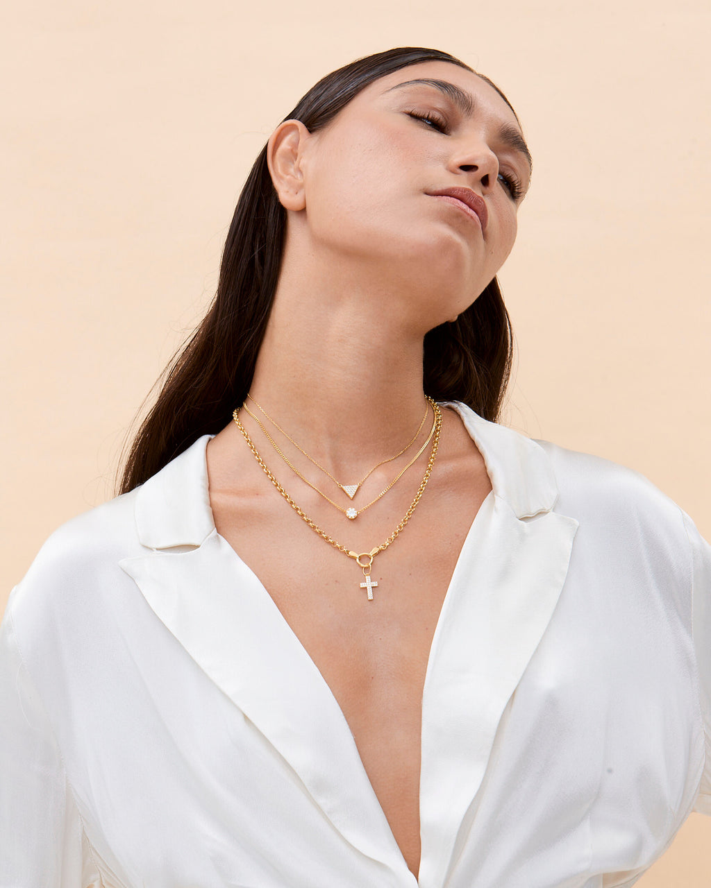 Elegant Cross Pendant & Geometric Charm Layered Necklace Set - 18k Gold Vermeil