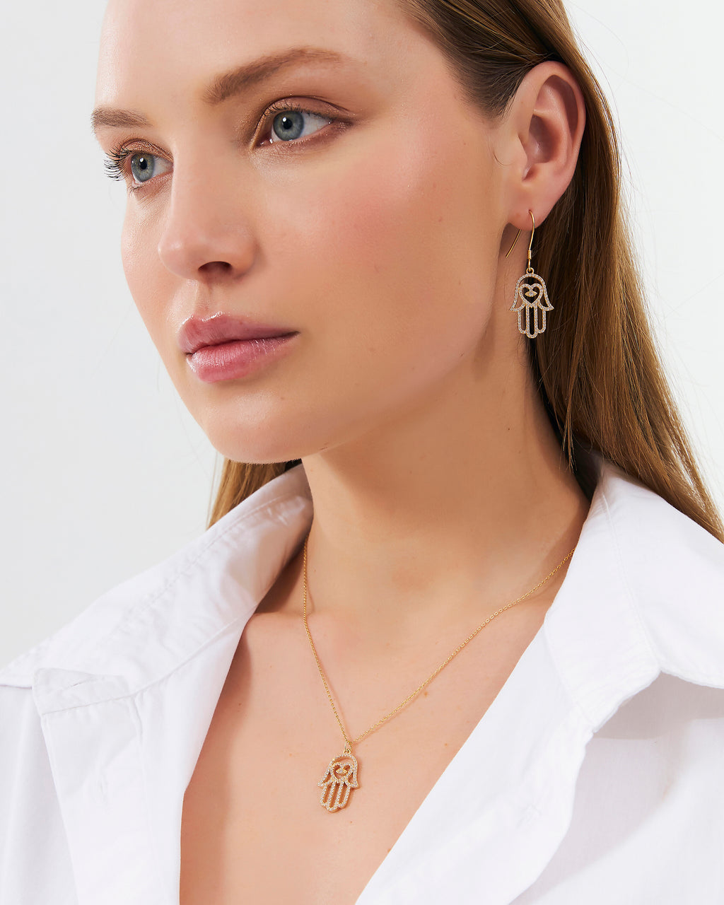 CZ Hamsa Hand Earrings, Dangle Jewelry - Gold Vermeil