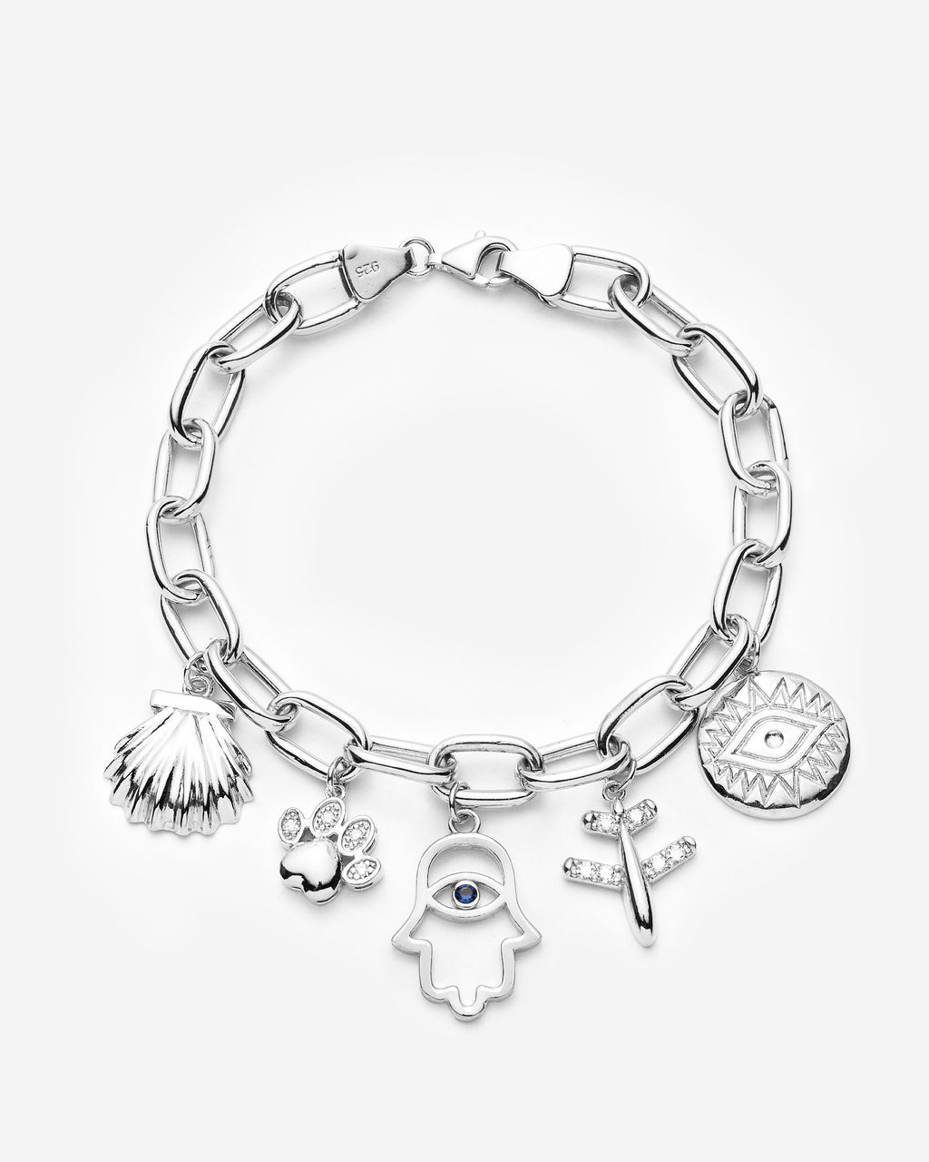 Gold Charm Bracelet with Evil Eye, Paw & Shell Pendants - 925k Sterling Silver