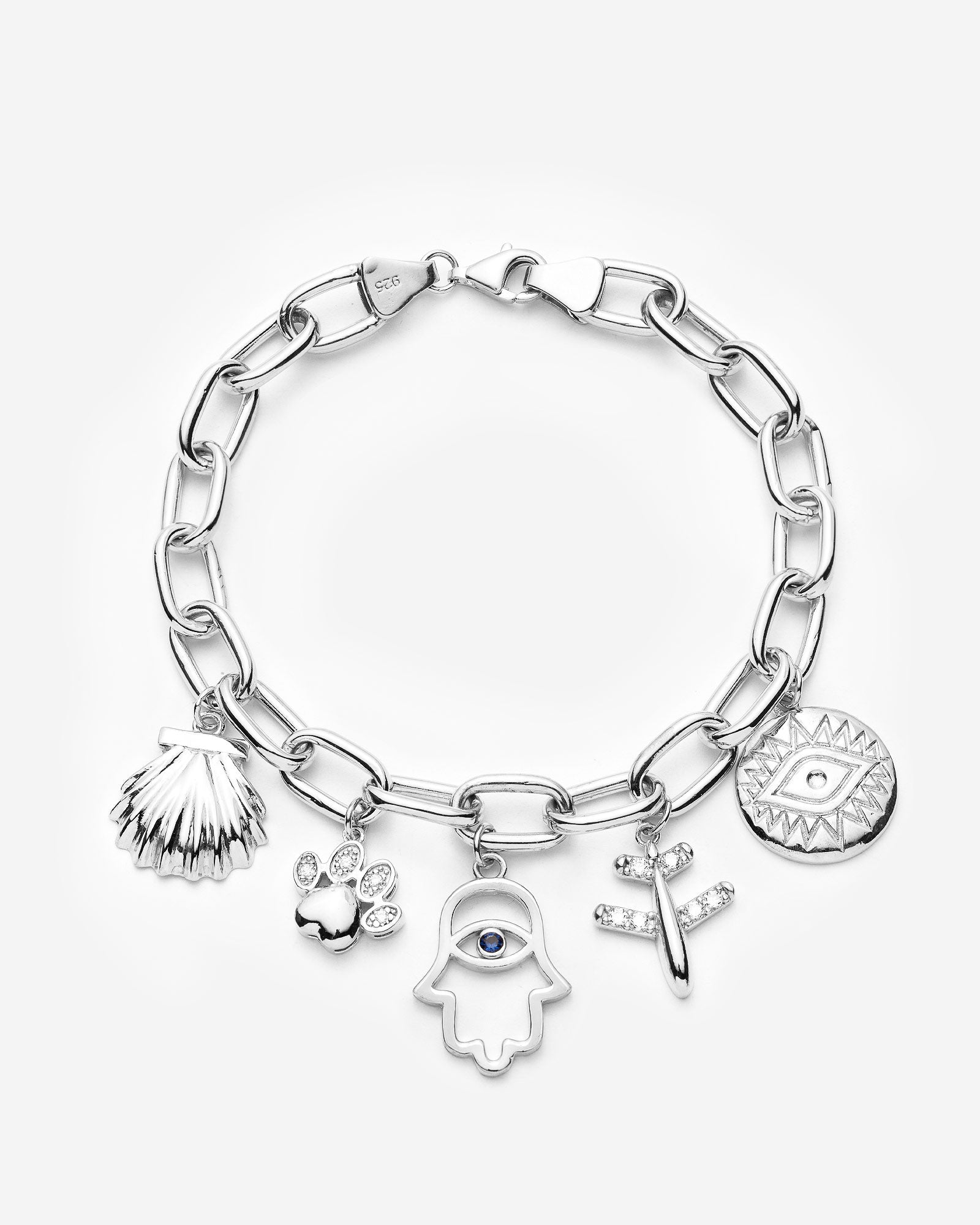Gold Charm Bracelet with Evil Eye, Paw & Shell Pendants - 925k Sterling Silver