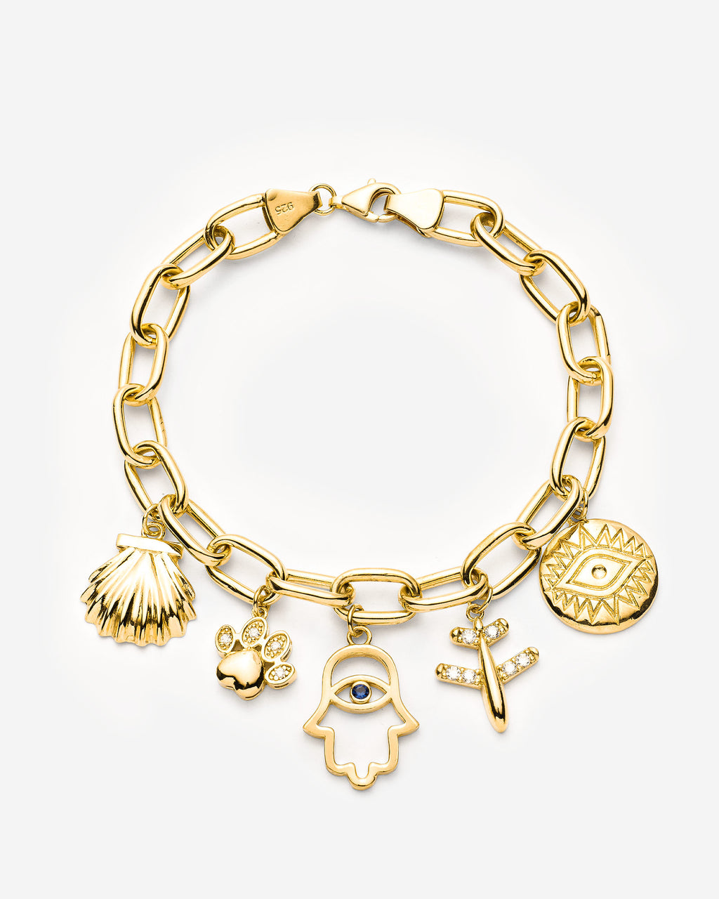 Gold Charm Bracelet with Evil Eye, Paw & Shell Bracelet - Charm Bracelet