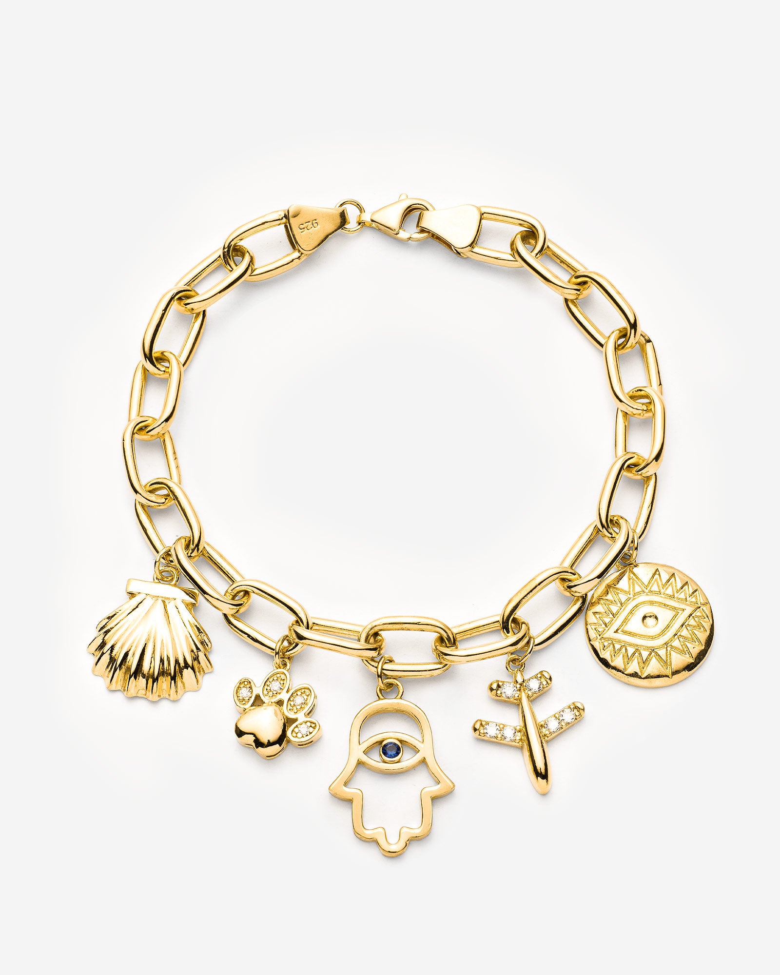 Gold Charm Bracelet with Evil Eye, Paw & Shell Bracelet - Charm Bracelet