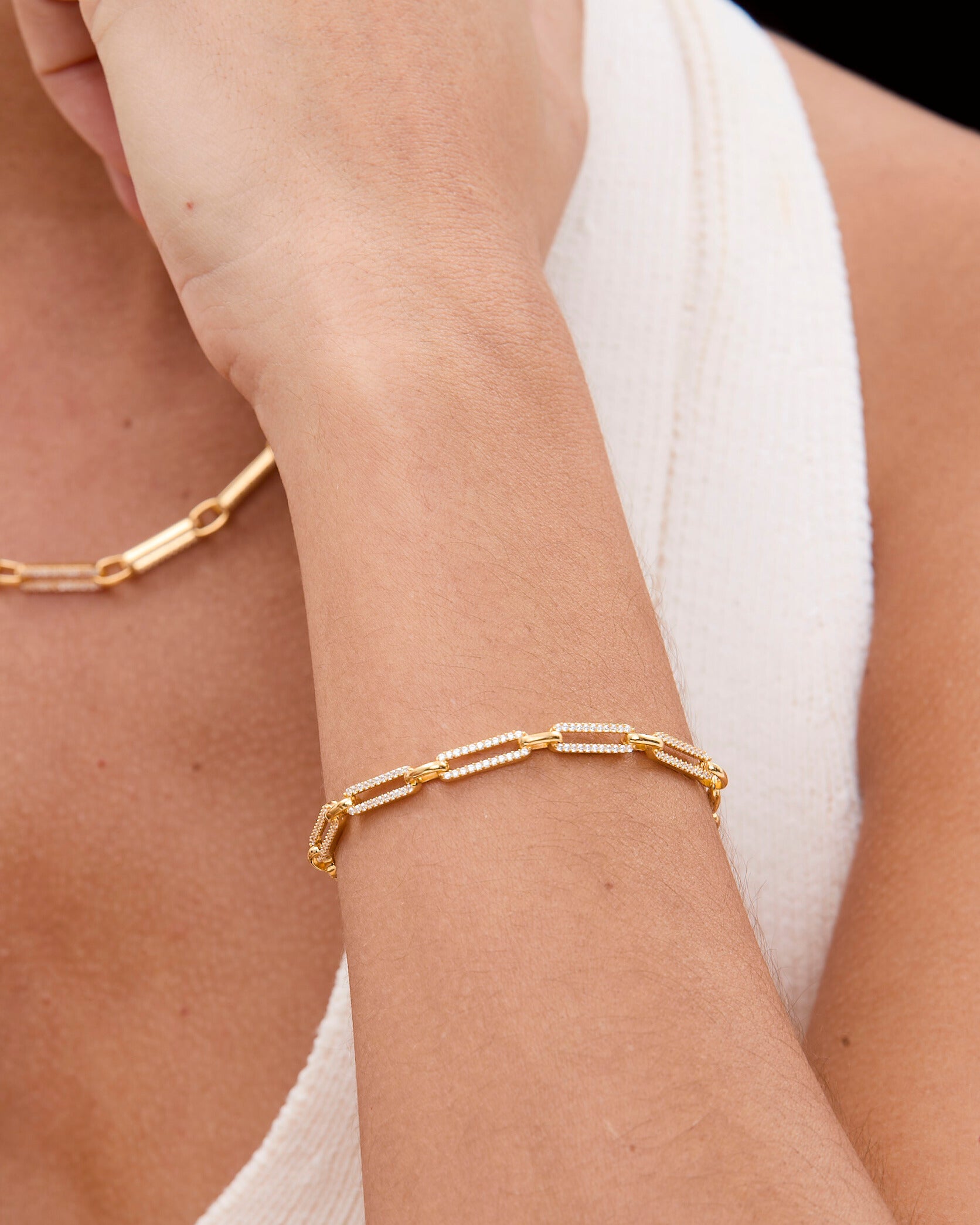 Paperclip Chain Rectangle Pave Link Bracelet - 18k Gold Vermeil