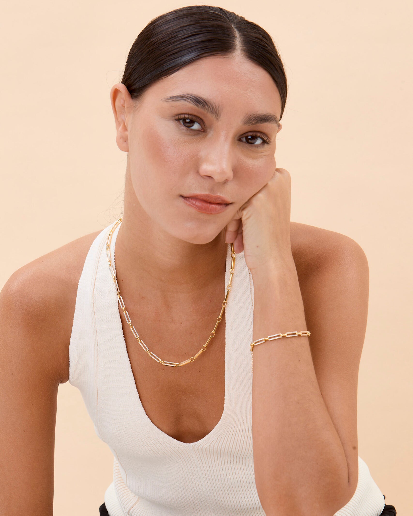 Pave Link Necklace, CZ Encrusted Rectangle Chain - 18k Gold Vermeil