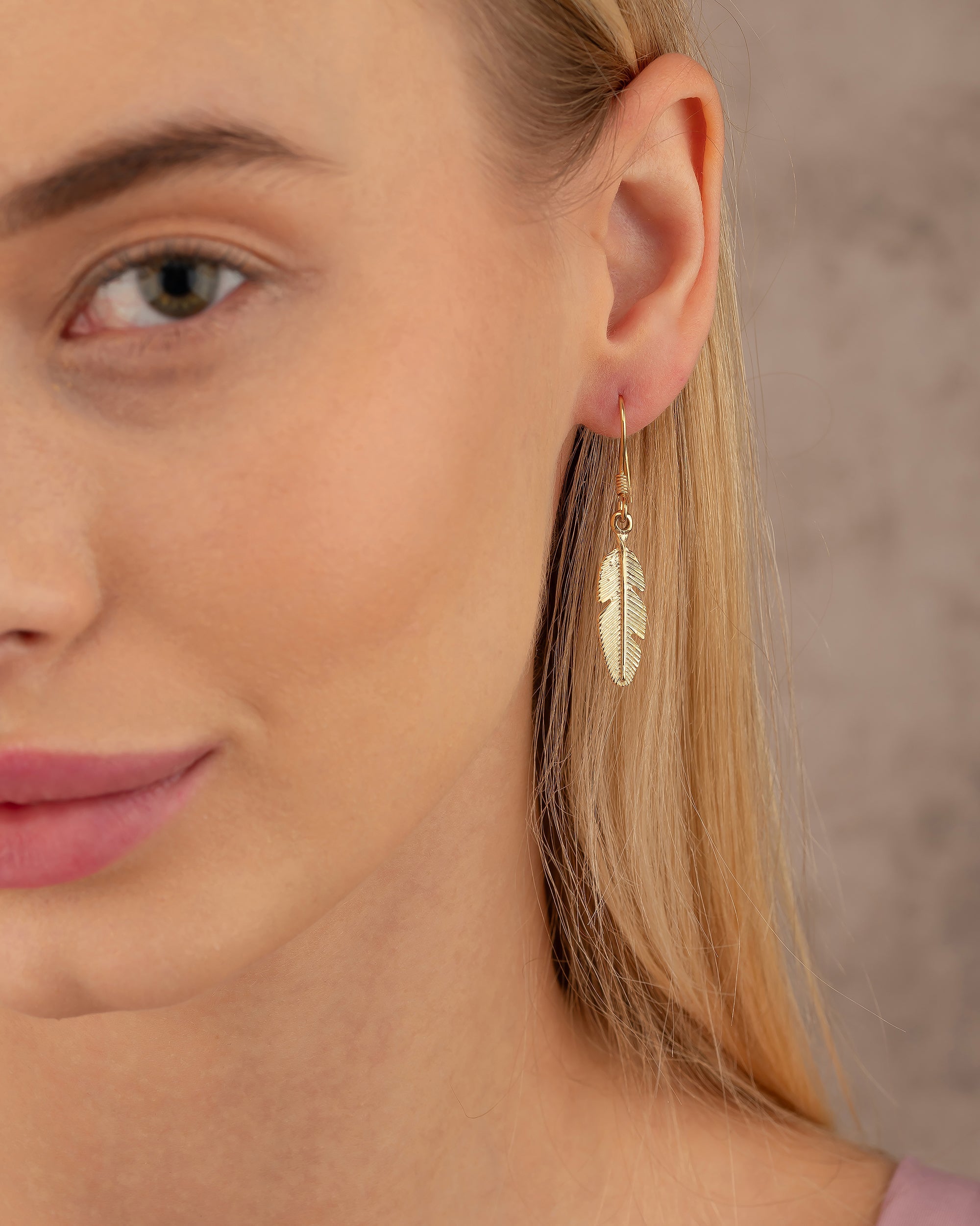 Gold Feather Earrings, Dainty Feather Pendant - 925k Sterling Silver