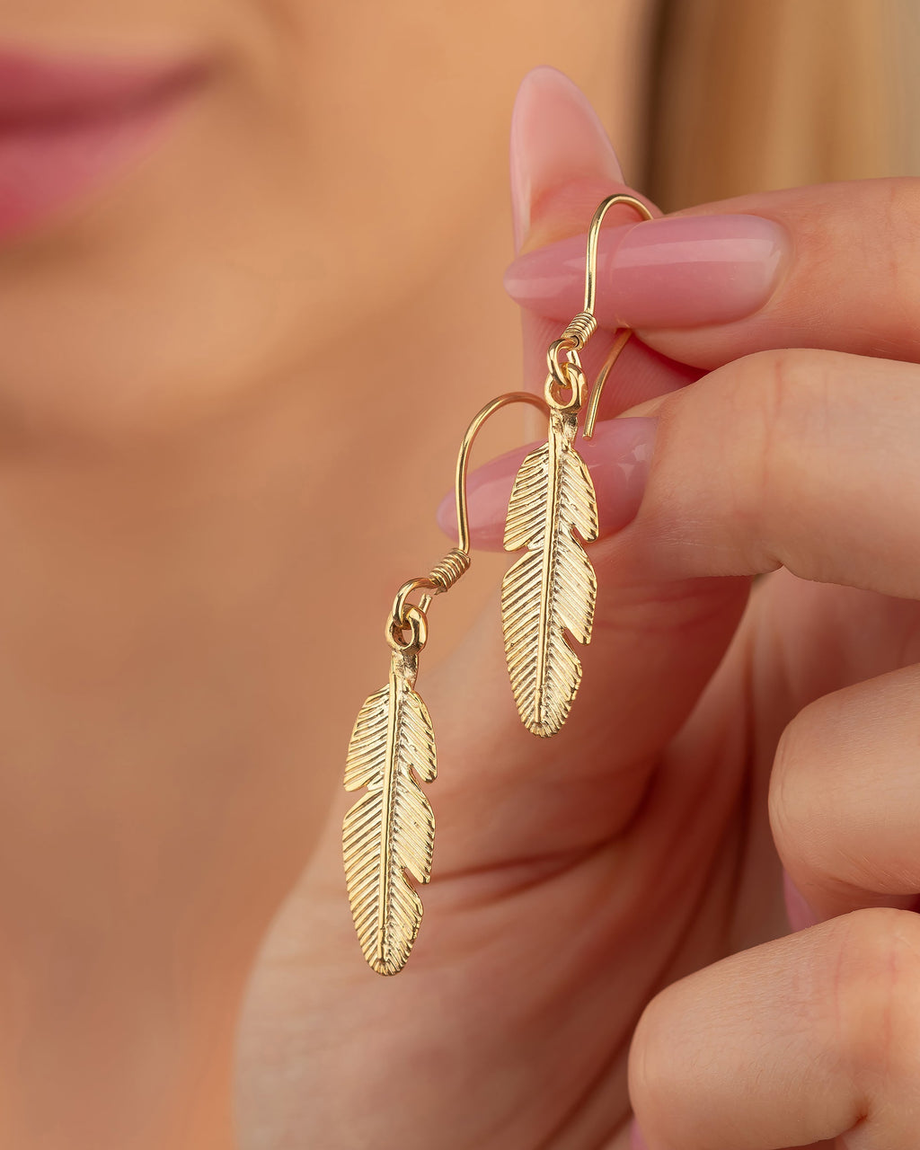 Gold Feather Earrings, Dainty Feather Pendant - 925k Sterling Silver