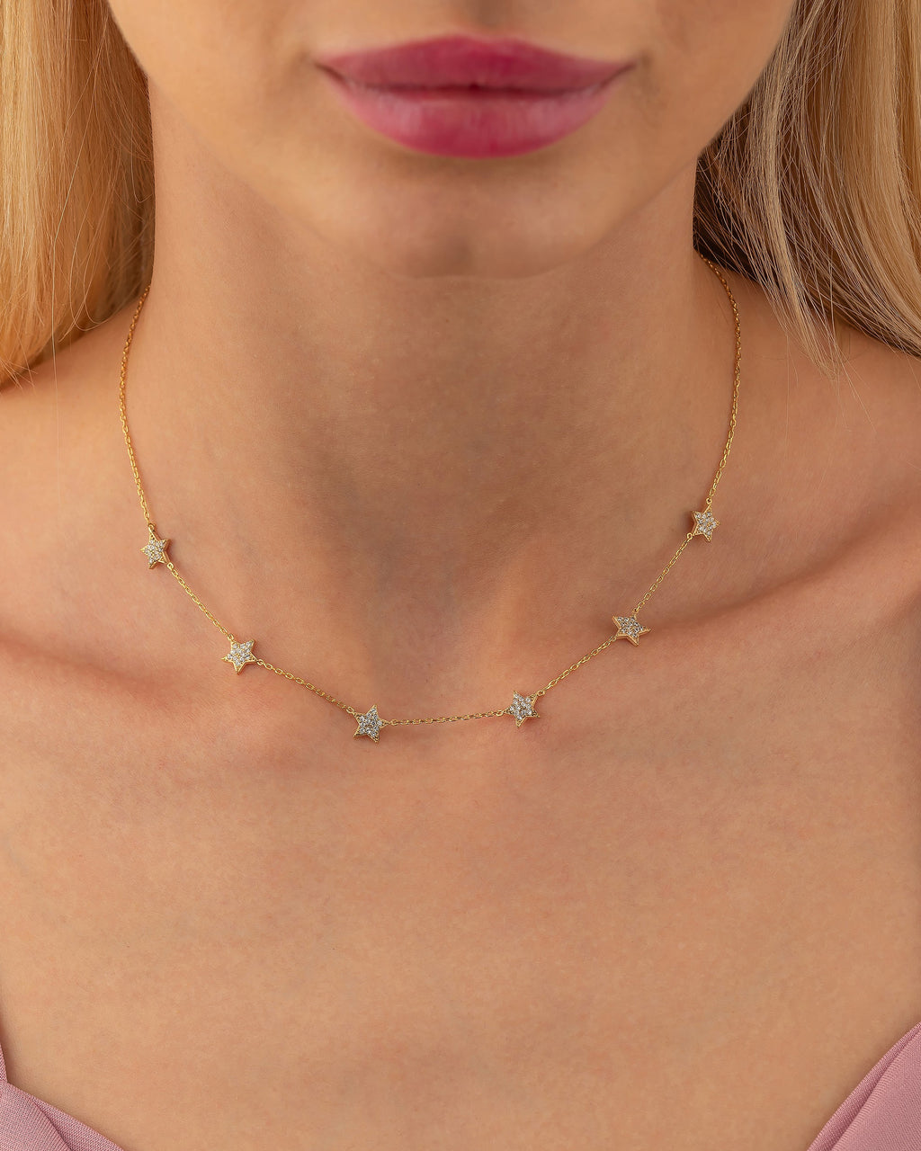 Star Necklace - Dainty Gold Chain with Crystal Stars - Gift for Her - 925k Sterling Silver