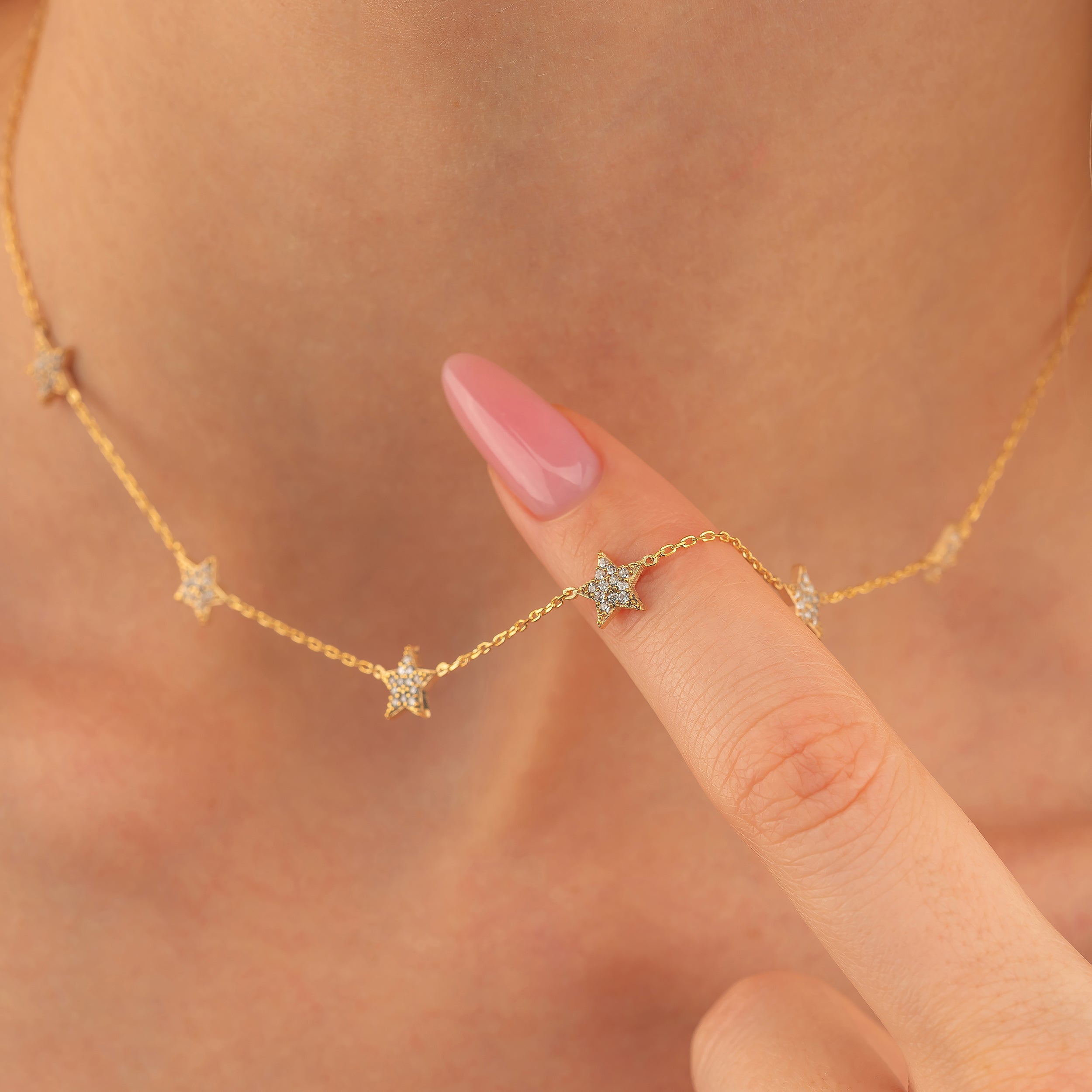 Star Necklace - Dainty Gold Chain with Crystal Stars - Gift for Her - 925k Sterling Silver