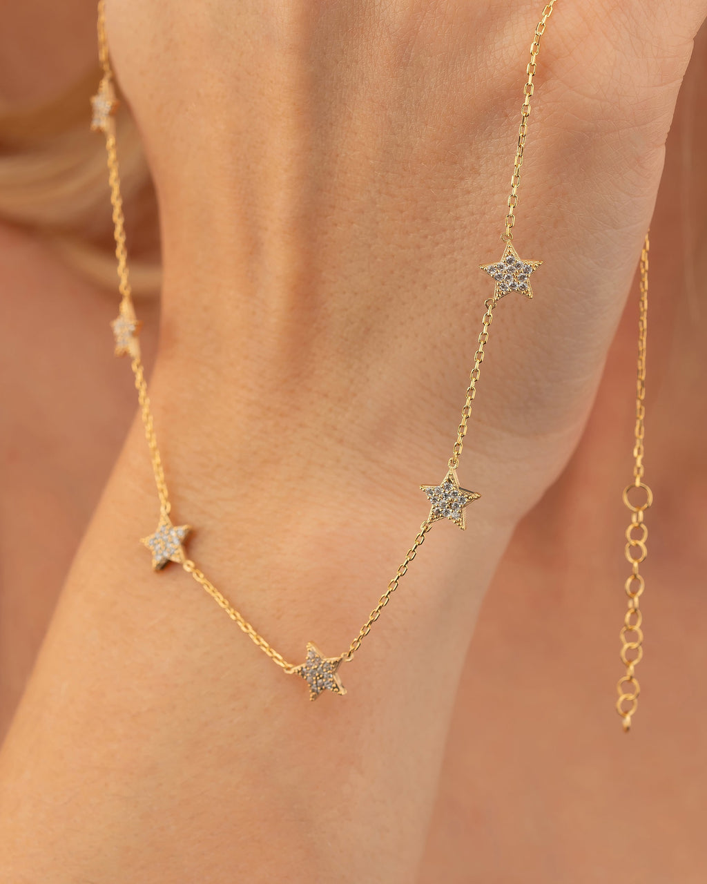 Star Necklace - Dainty Gold Chain with Crystal Stars - Gift for Her - 925k Sterling Silver