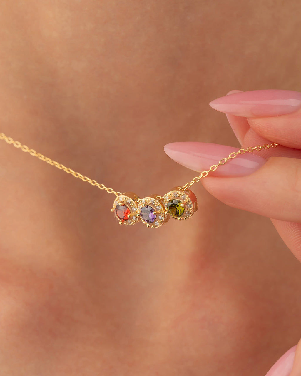 Birthstone Necklace - Three Stone Pendant Jewelry - Personalized Gift for Her - 925k Sterling Silver