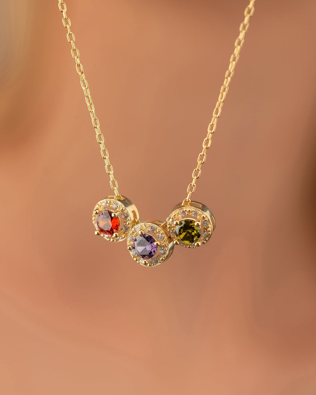 Birthstone Necklace - Three Stone Pendant Jewelry - Personalized Gift for Her - 925k Sterling Silver