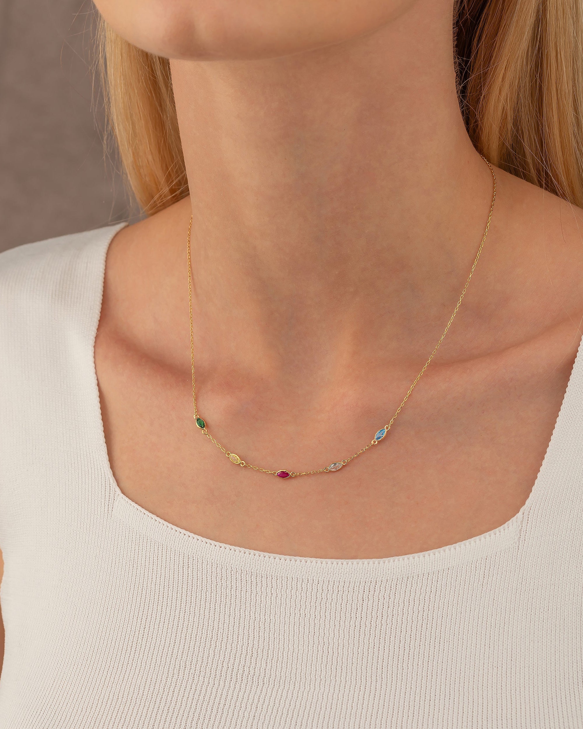 Minimalist Birthstone Necklace , Dainty Gold Chain with Colorful Gems - 925k Sterling Silver