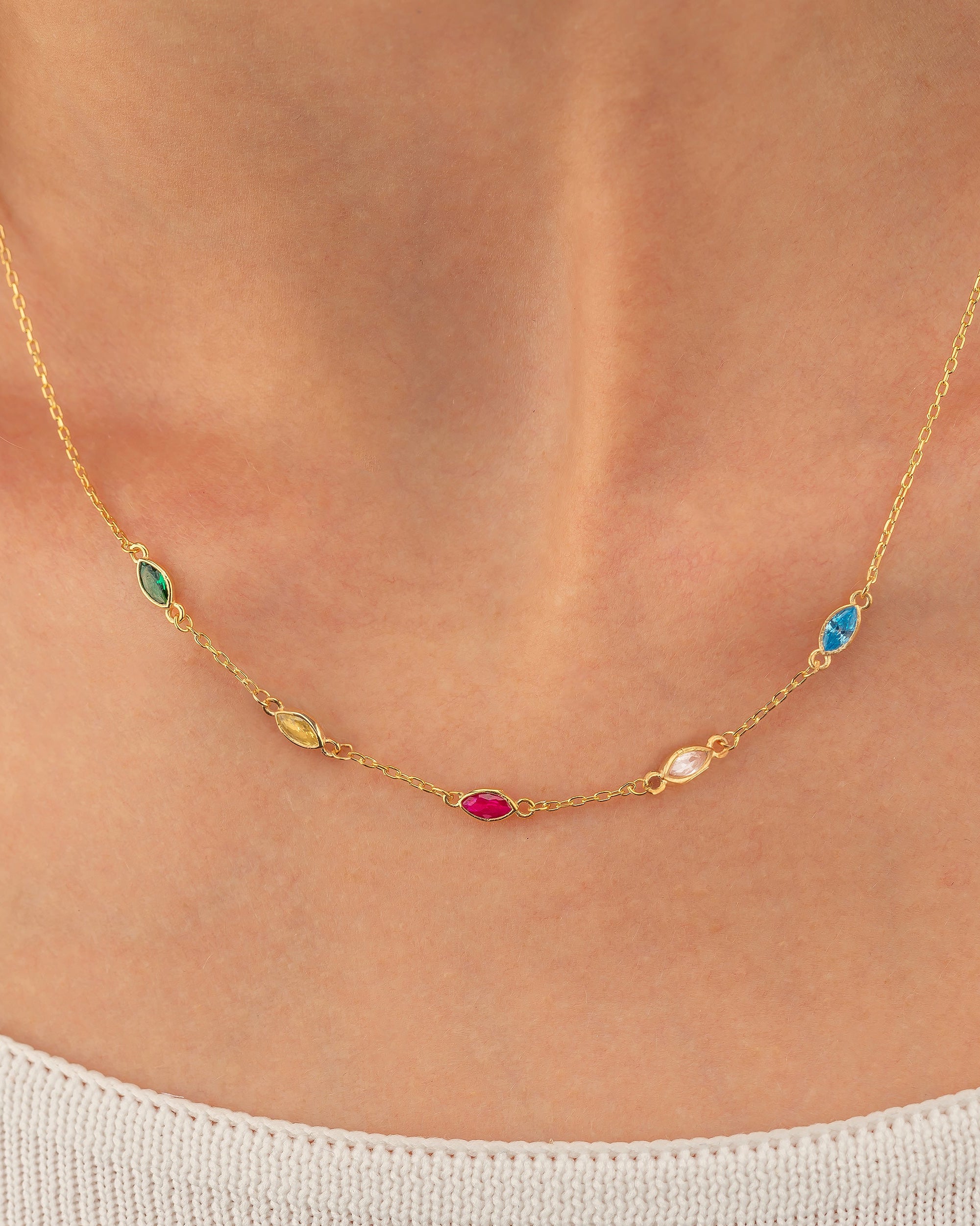 Minimalist Birthstone Necklace , Dainty Gold Chain with Colorful Gems - 925k Sterling Silver