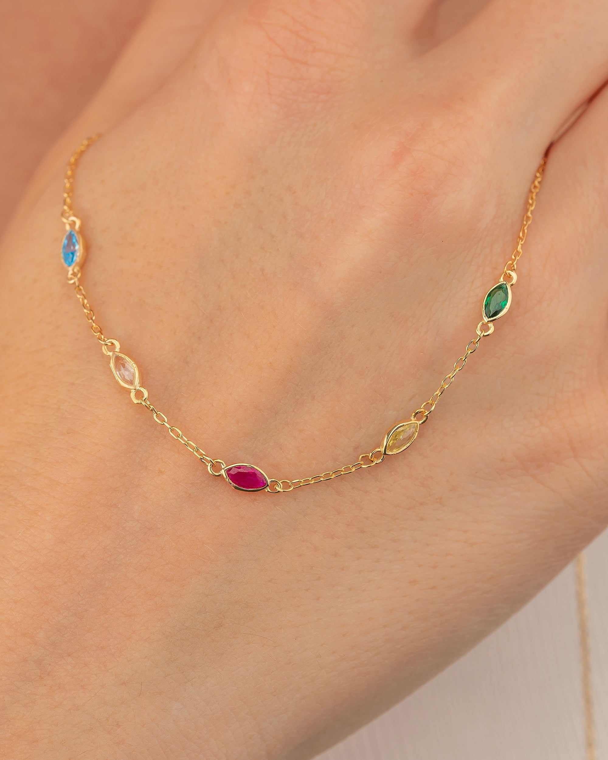 Minimalist Birthstone Necklace , Dainty Gold Chain with Colorful Gems - 925k Sterling Silver