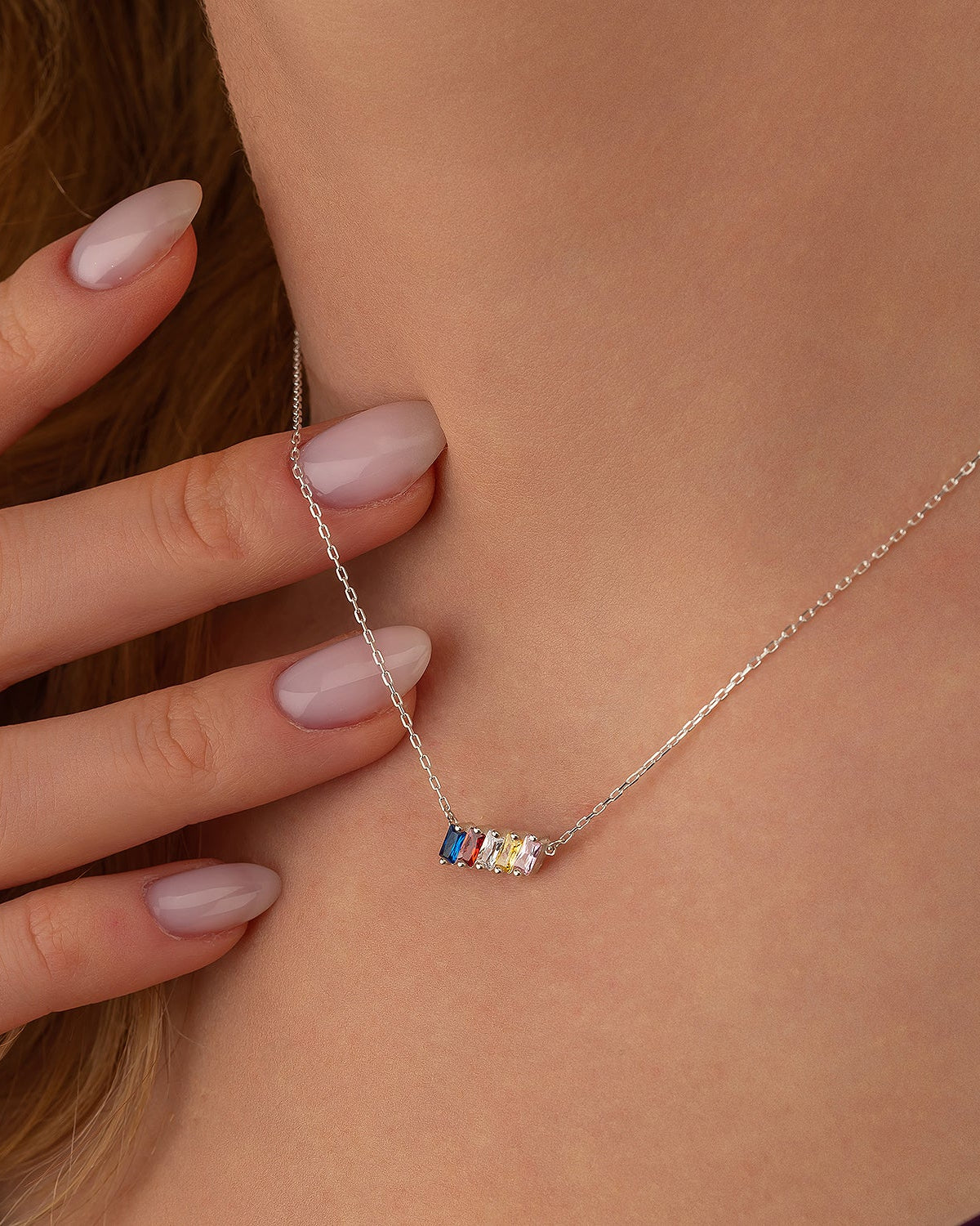 Family Birthstone Necklace, Multi Stone Bar Necklace - 925k Sterling Silver