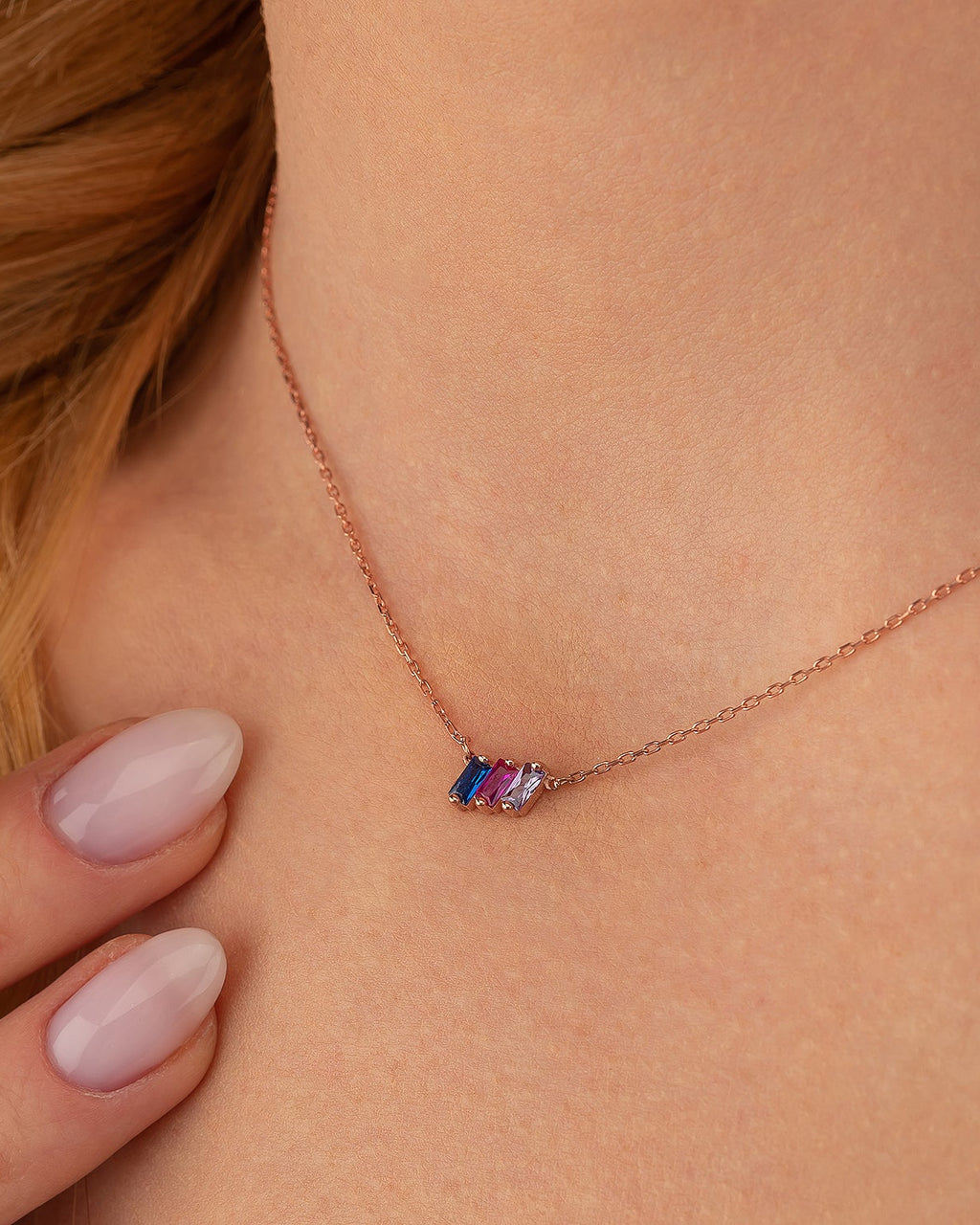 Family Birthstone Necklace, Multi Stone Bar Necklace - 925k Sterling Silver