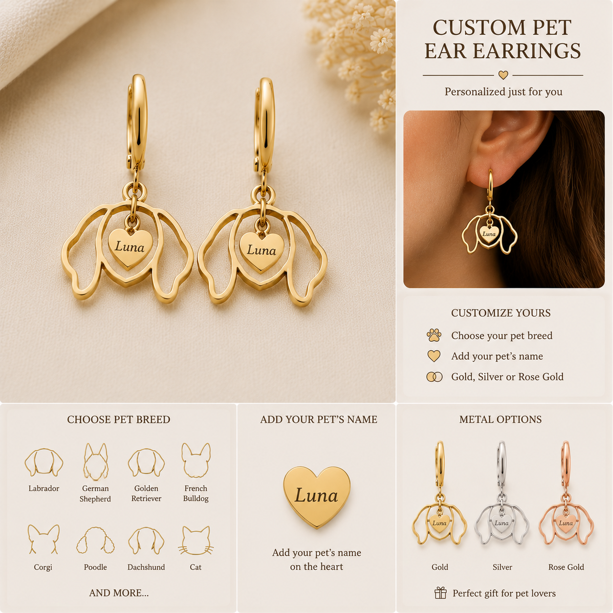 Custom Dog Name Earring - Personalized Pet Lover Gold Jewelry