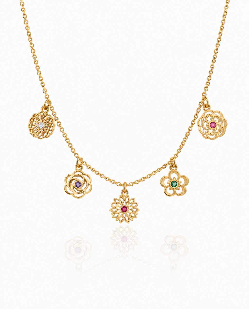 Dainty Gold Floral Charm Necklace with Gemstones