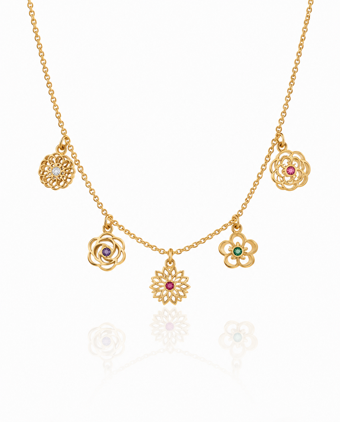 Dainty Gold Floral Charm Necklace with Gemstones
