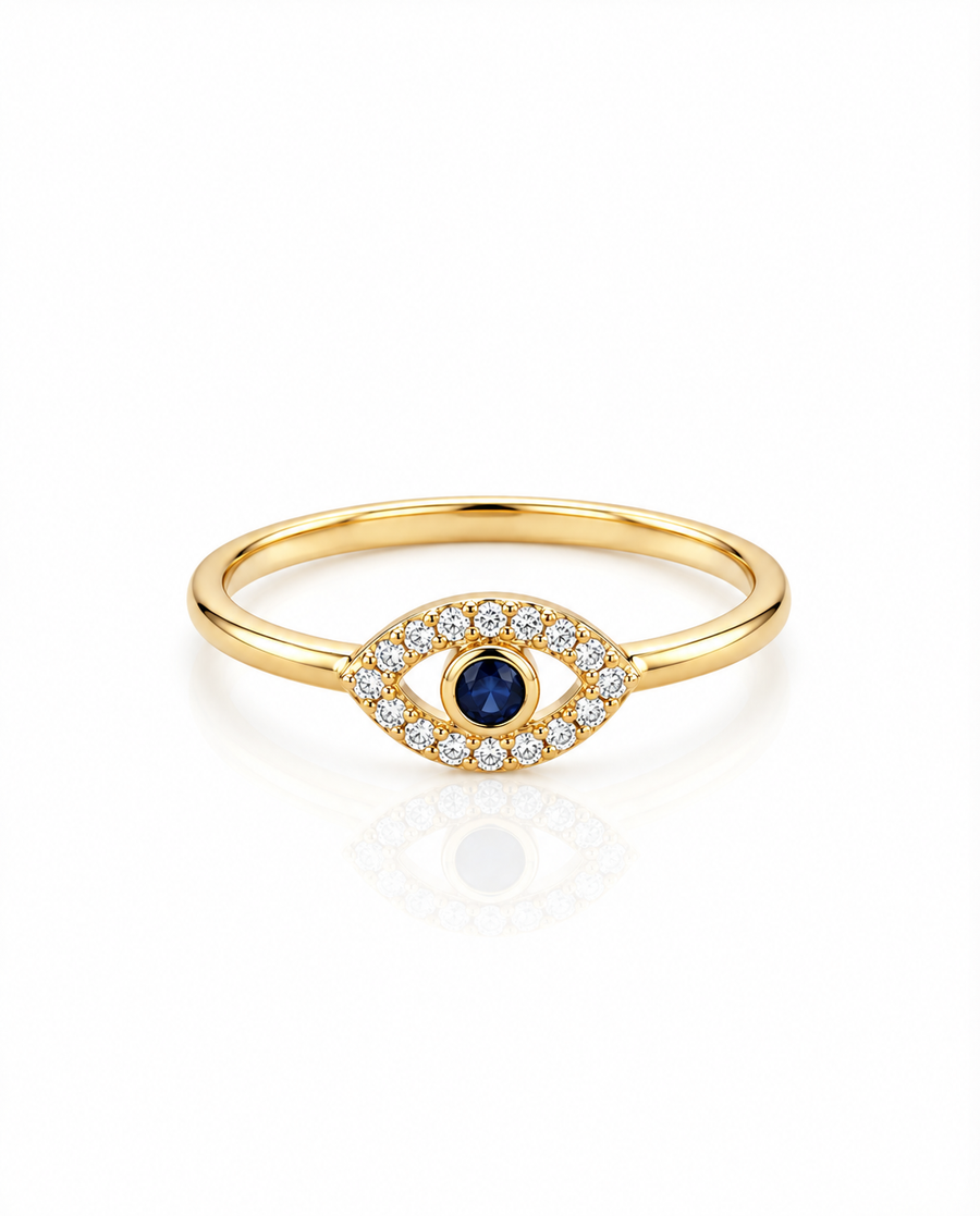 Dainty Gold Evil Eye Ring with Diamond & Sapphire