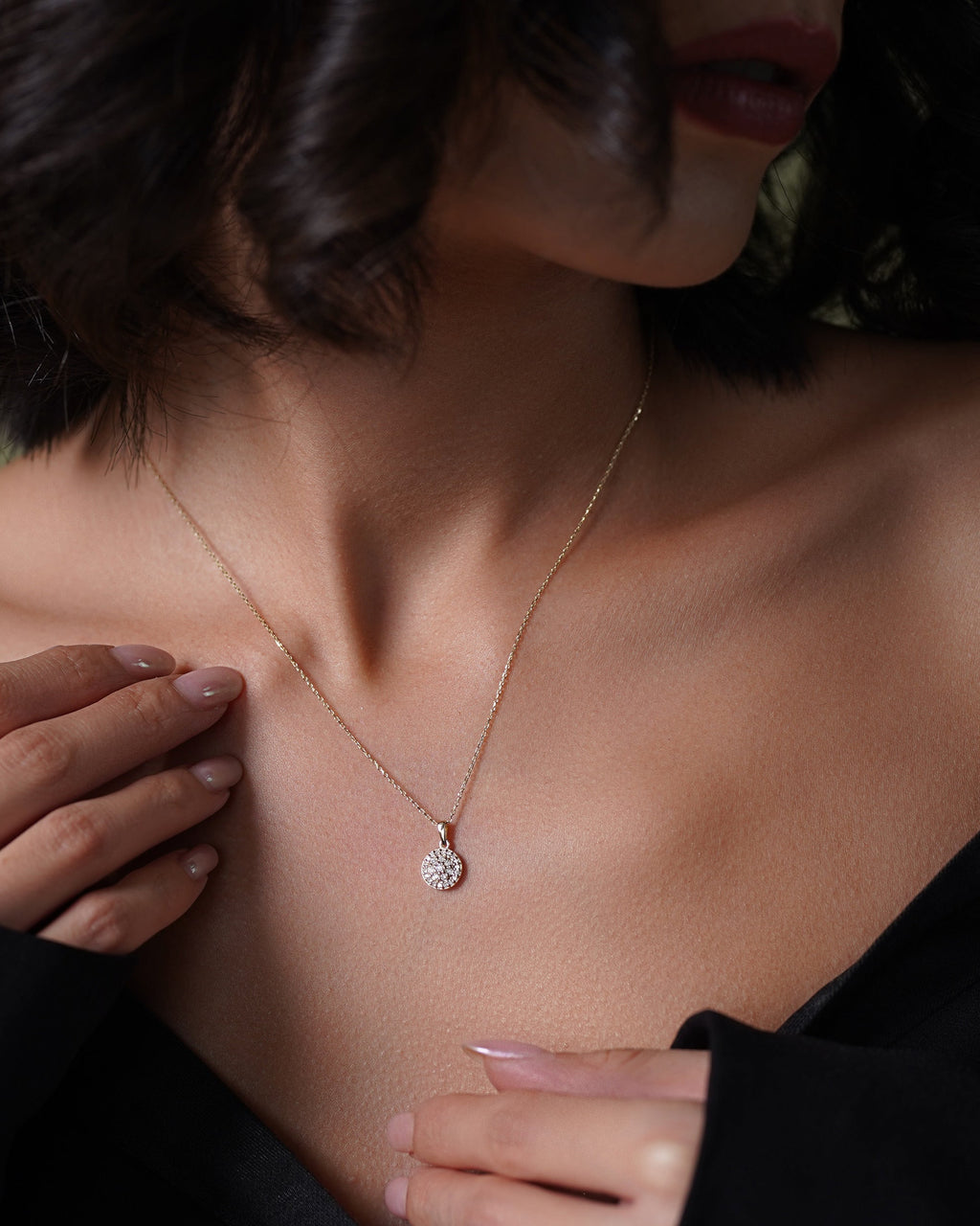 14k Gold Halo Necklace - 925k Sterling Silver