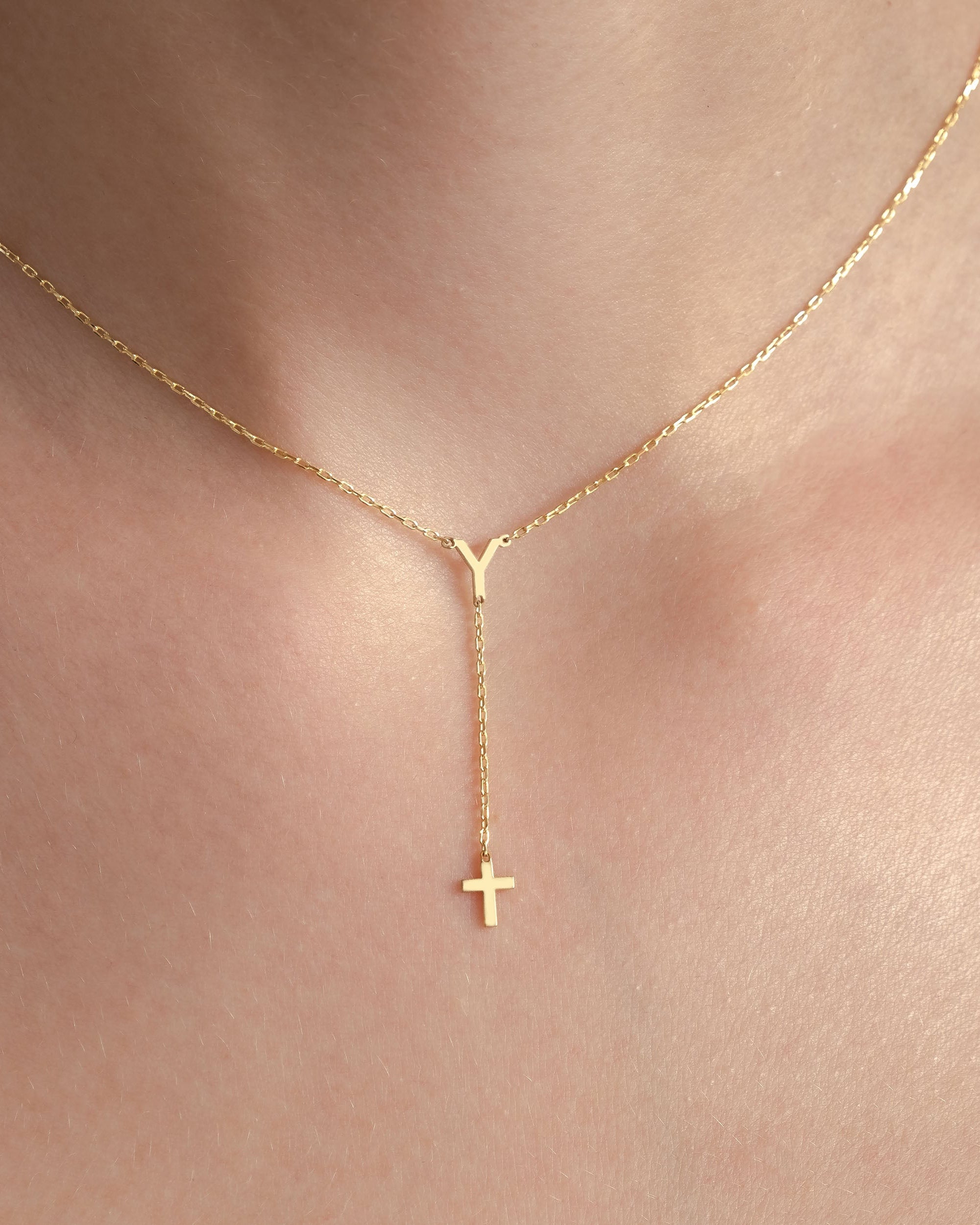 Custom Minimalist Y Necklace with Cross Pendant - Dainty Gold Chain - 925k Sterling Silver