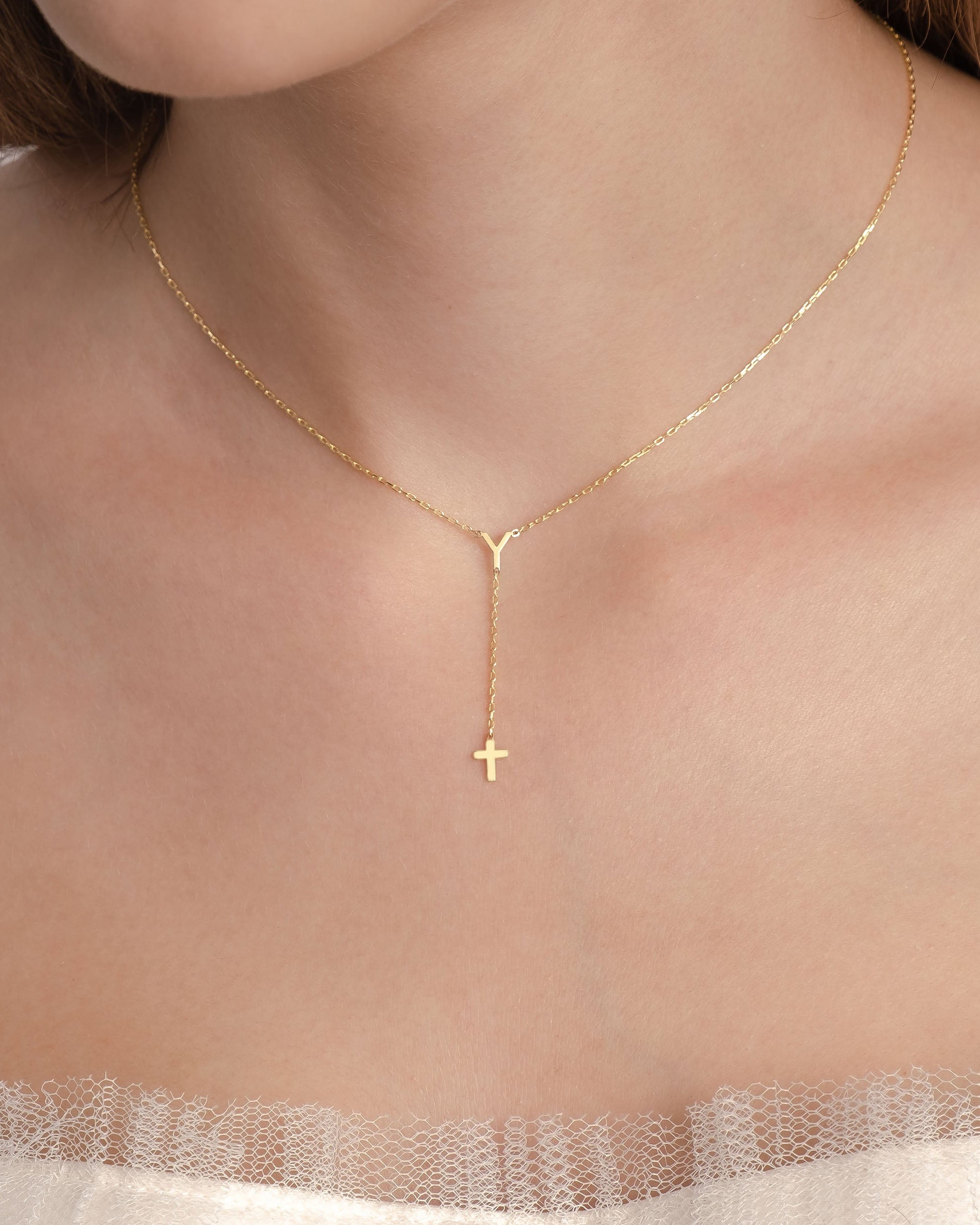 Custom Minimalist Y Necklace with Cross Pendant - Dainty Gold Chain - 925k Sterling Silver