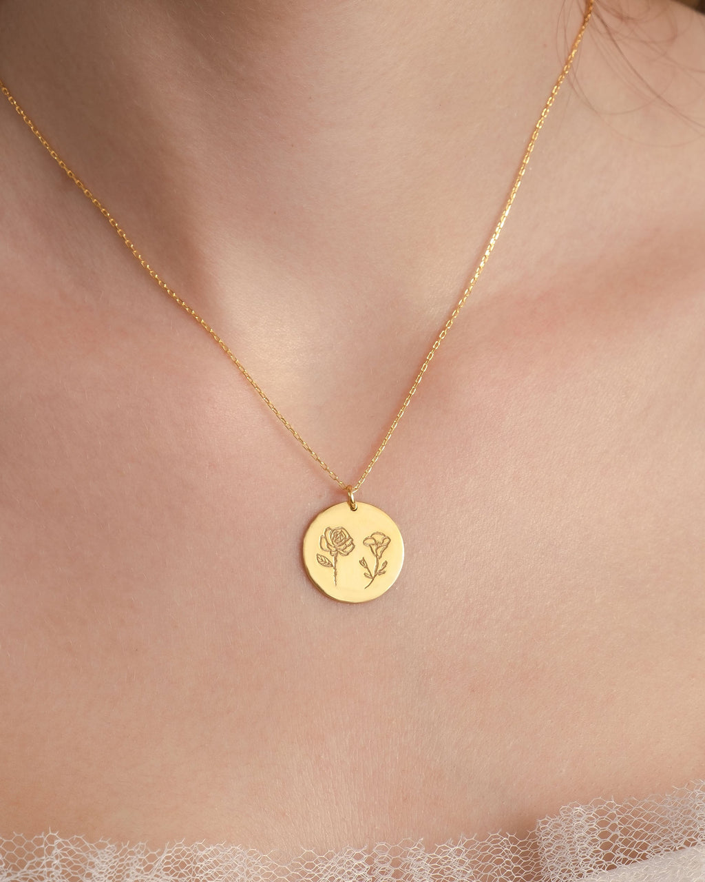 Birth Flower Necklace - Engraved Flower Pendant Jewelry - Meaningful Gift for Her - 925k Sterling Silver
