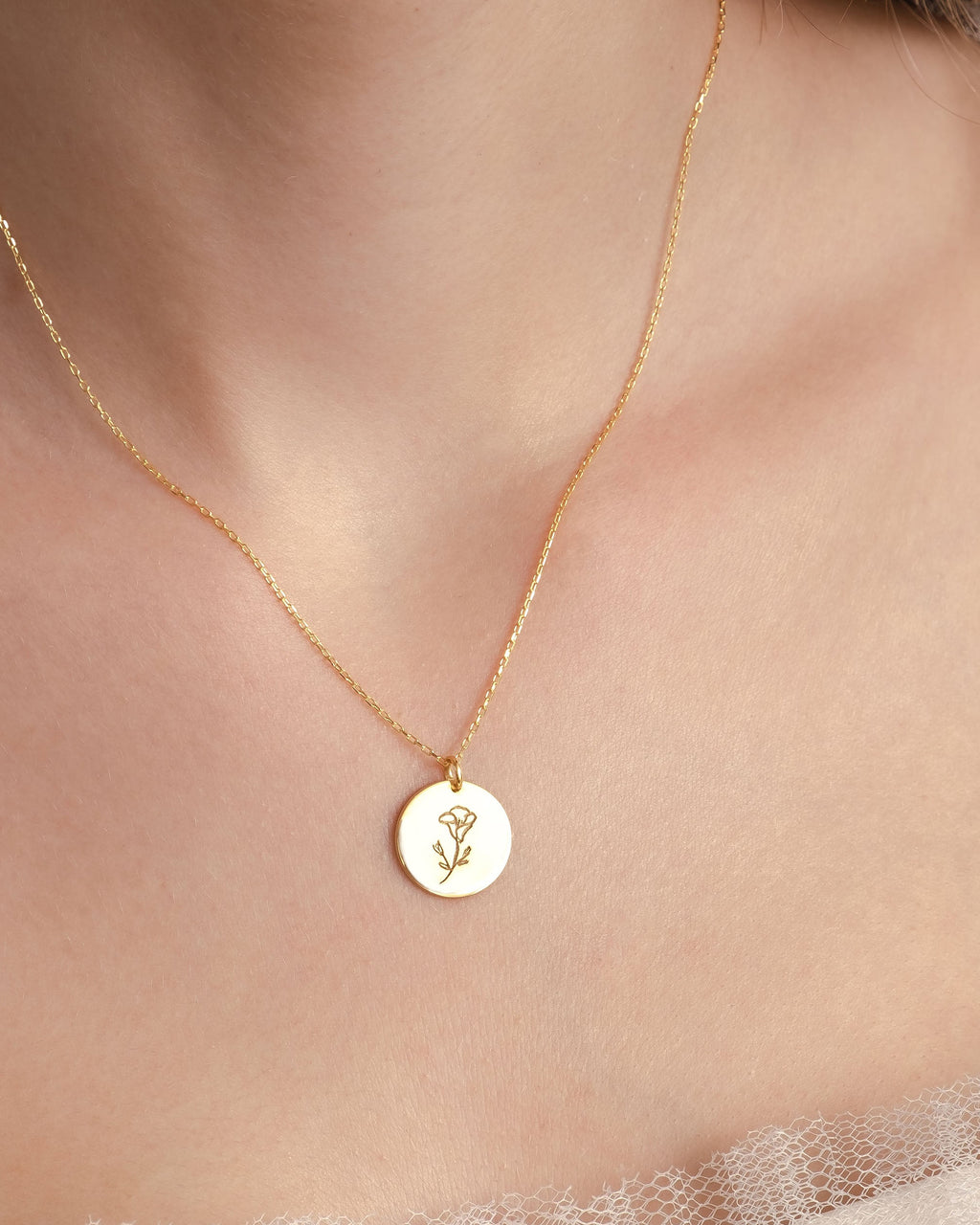 Birth Flower Necklace - Engraved Flower Pendant Jewelry - Meaningful Gift for Her - 925k Sterling Silver