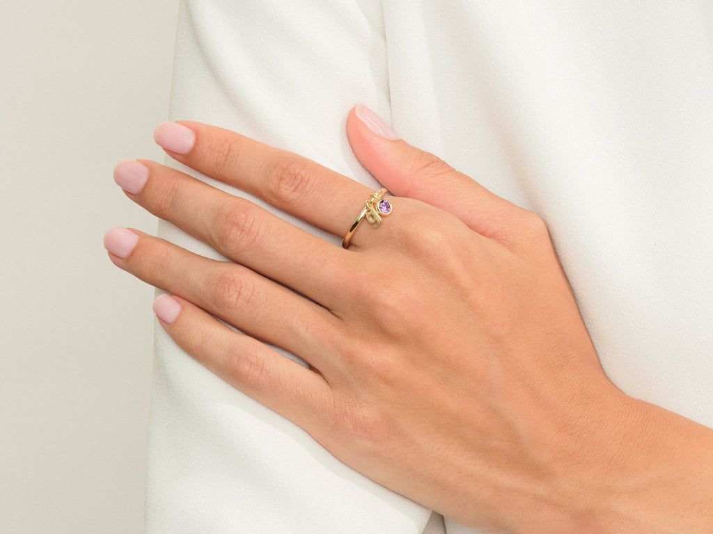 Initial Charm Birthstone Ring