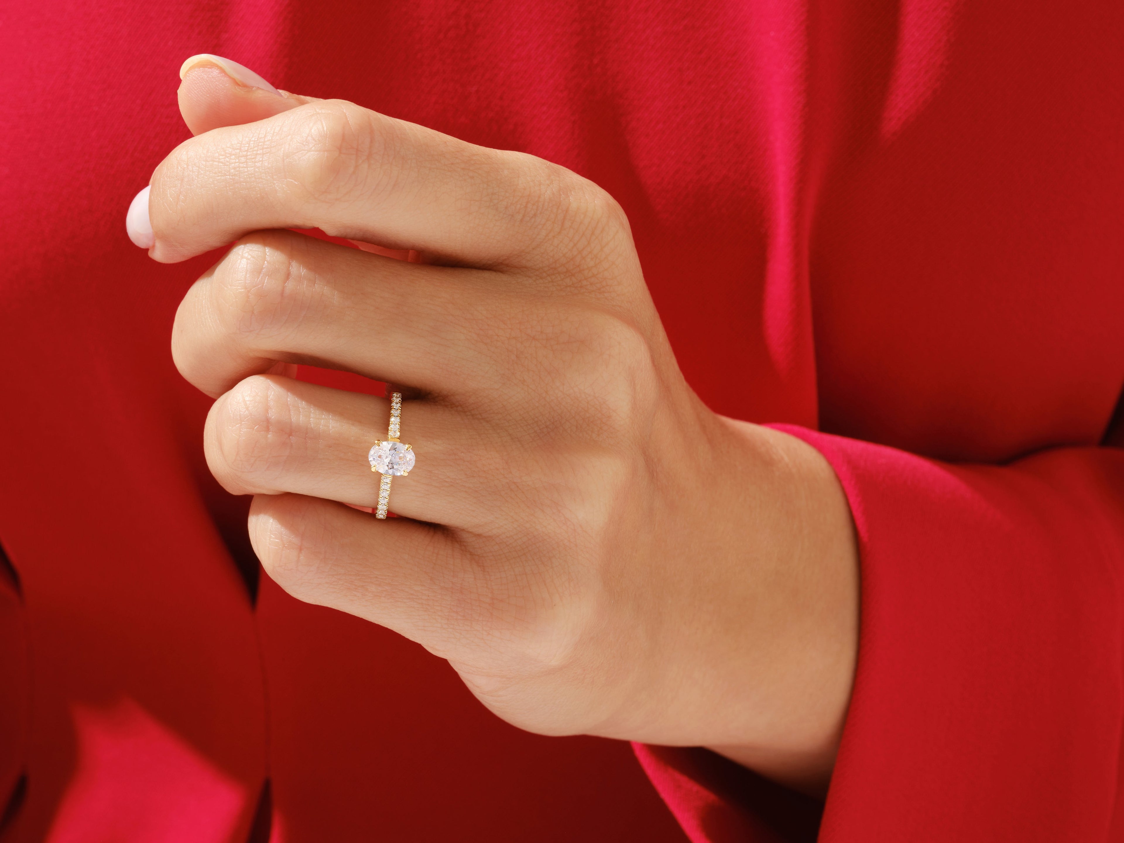 Cathedral Oval Cut Moissanite Engagement Ring with Pave Set Side Stones (1.00 CT)