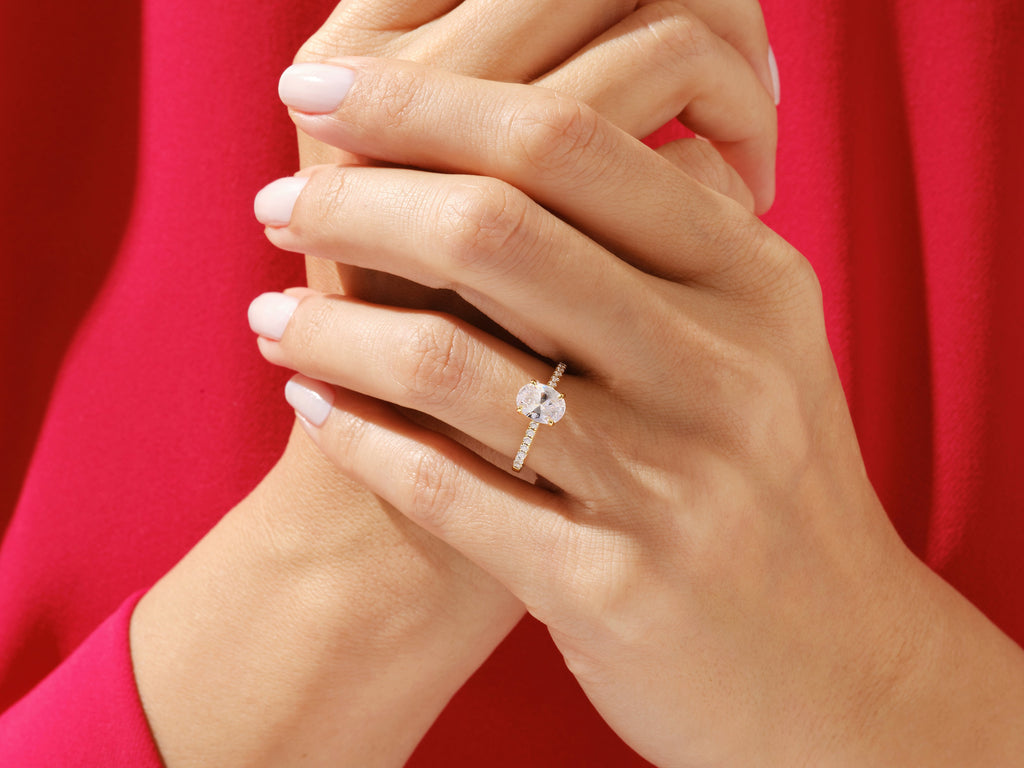 Cathedral Oval Cut Moissanite Engagement Ring with Pave Set Side Stones (1.50 CT)