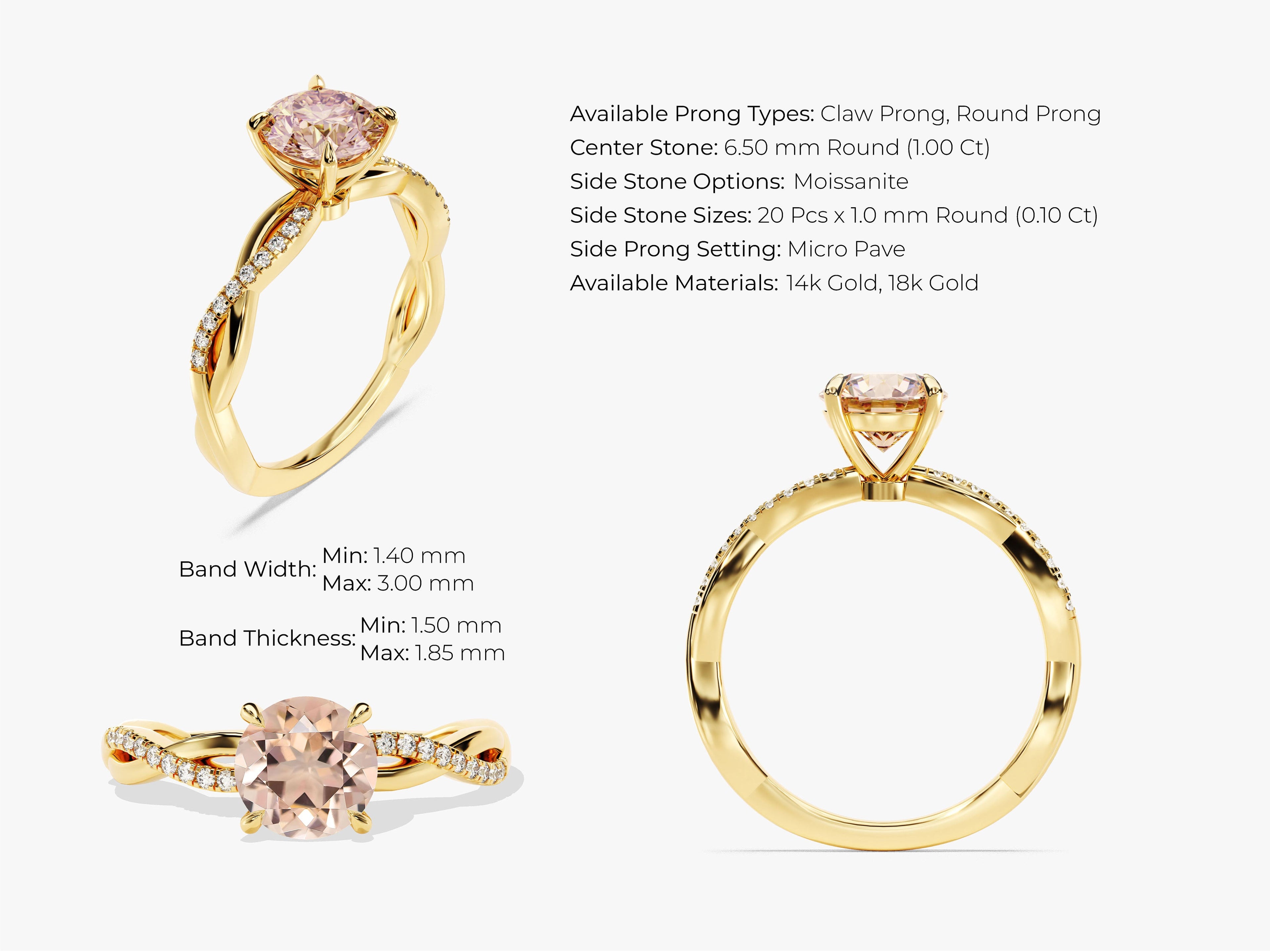Twisted Round Cut Peach Morganite Engagement Ring with Sidestones