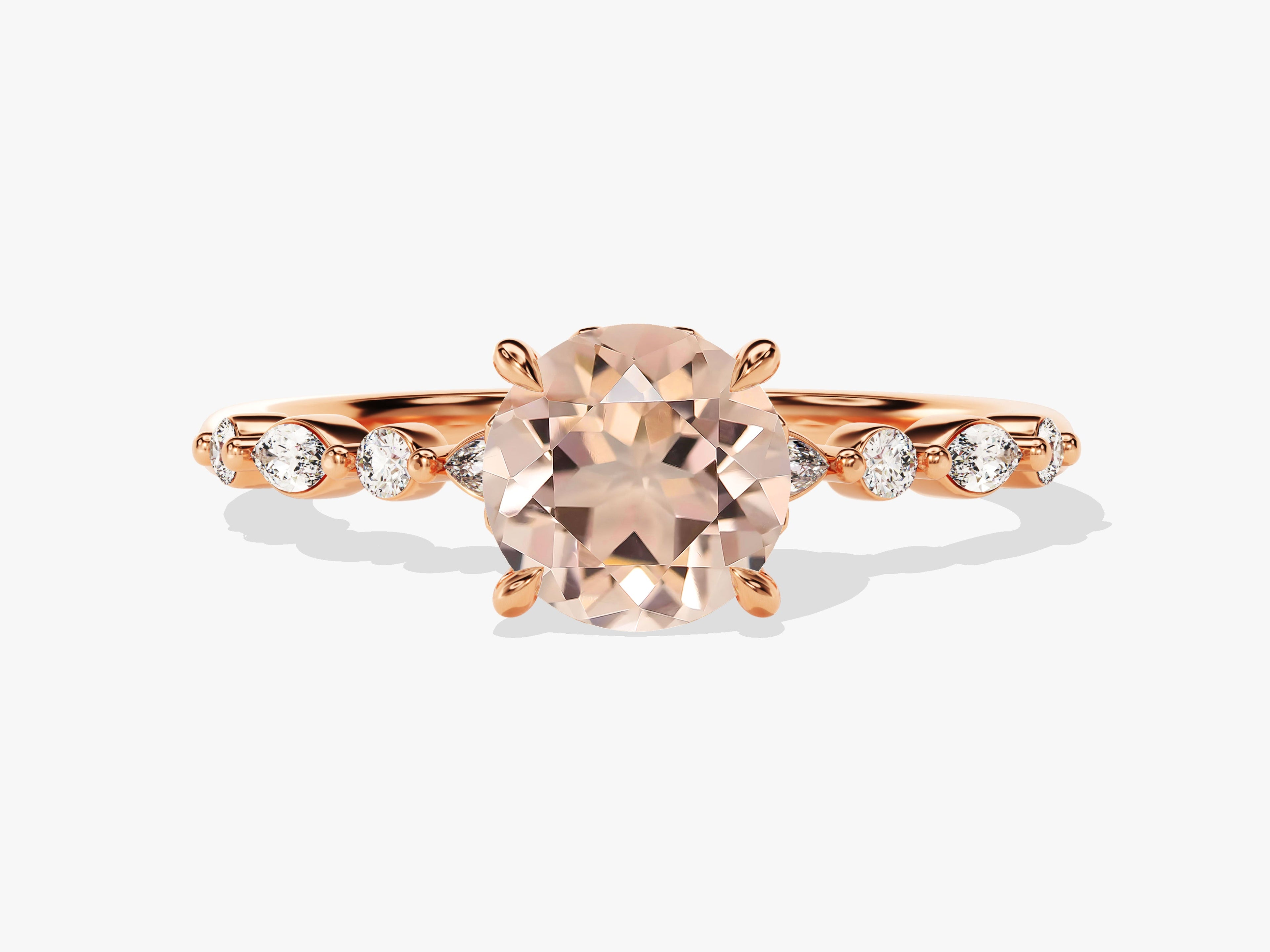 Round Cut Peach Morganite Engagement Ring with Round and Marquise Sidestones