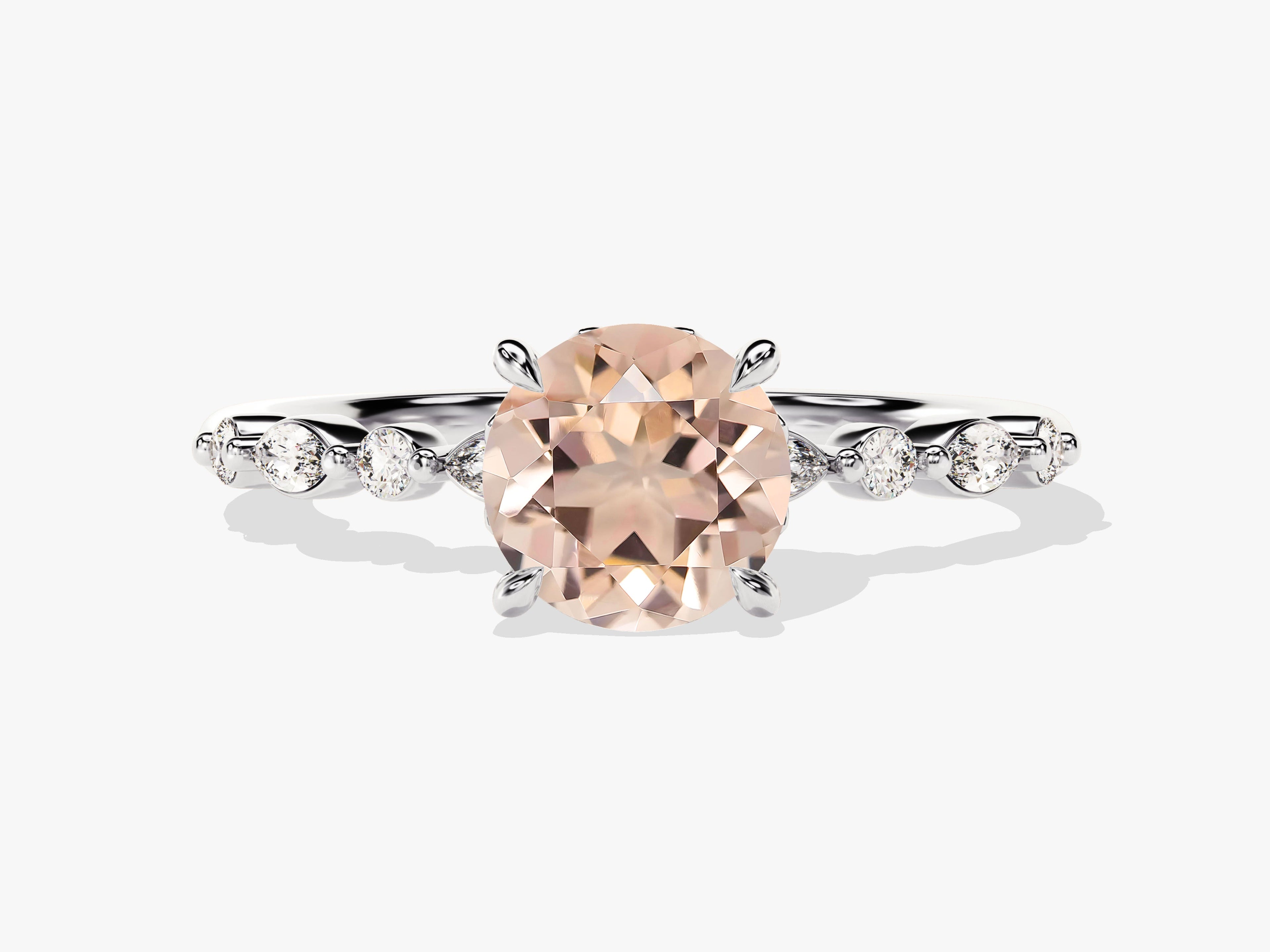 Round Cut Peach Morganite Engagement Ring with Round and Marquise Sidestones