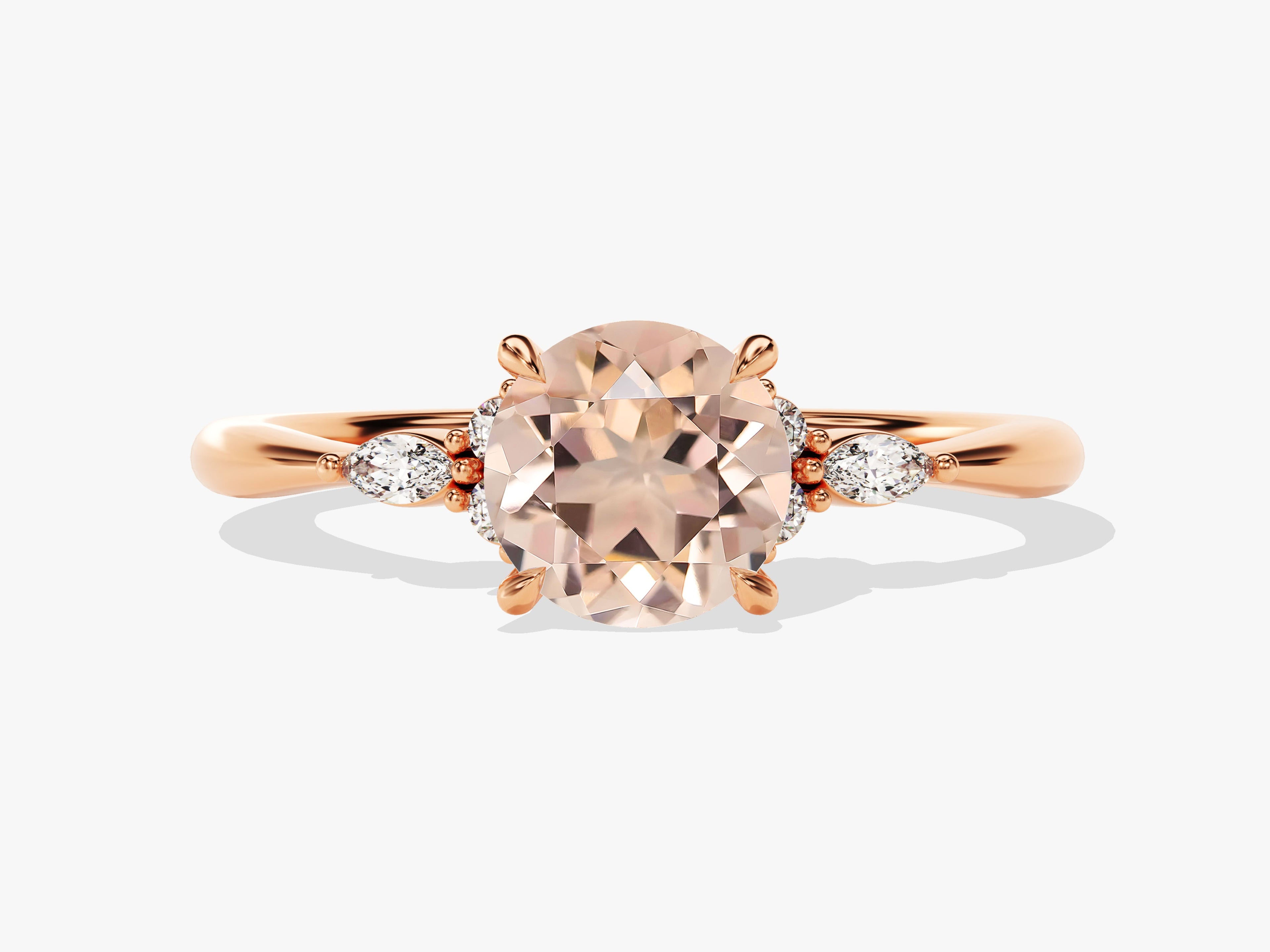 Round Cut Peach Morganite Engagement Ring with Marquise Sidestones