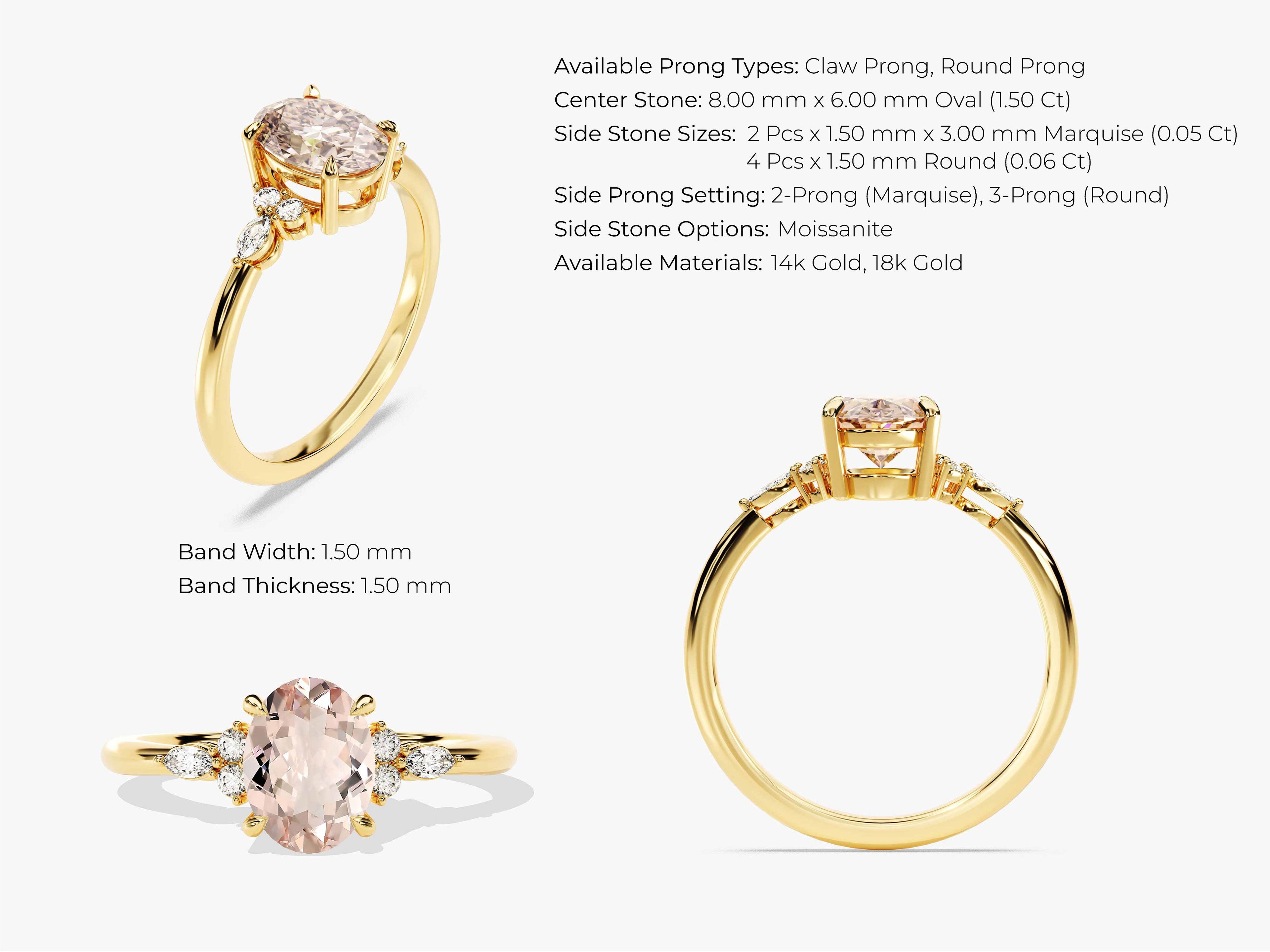 Oval Cut Peach Morganite Engagement Ring with Round and Marquise Sidestones