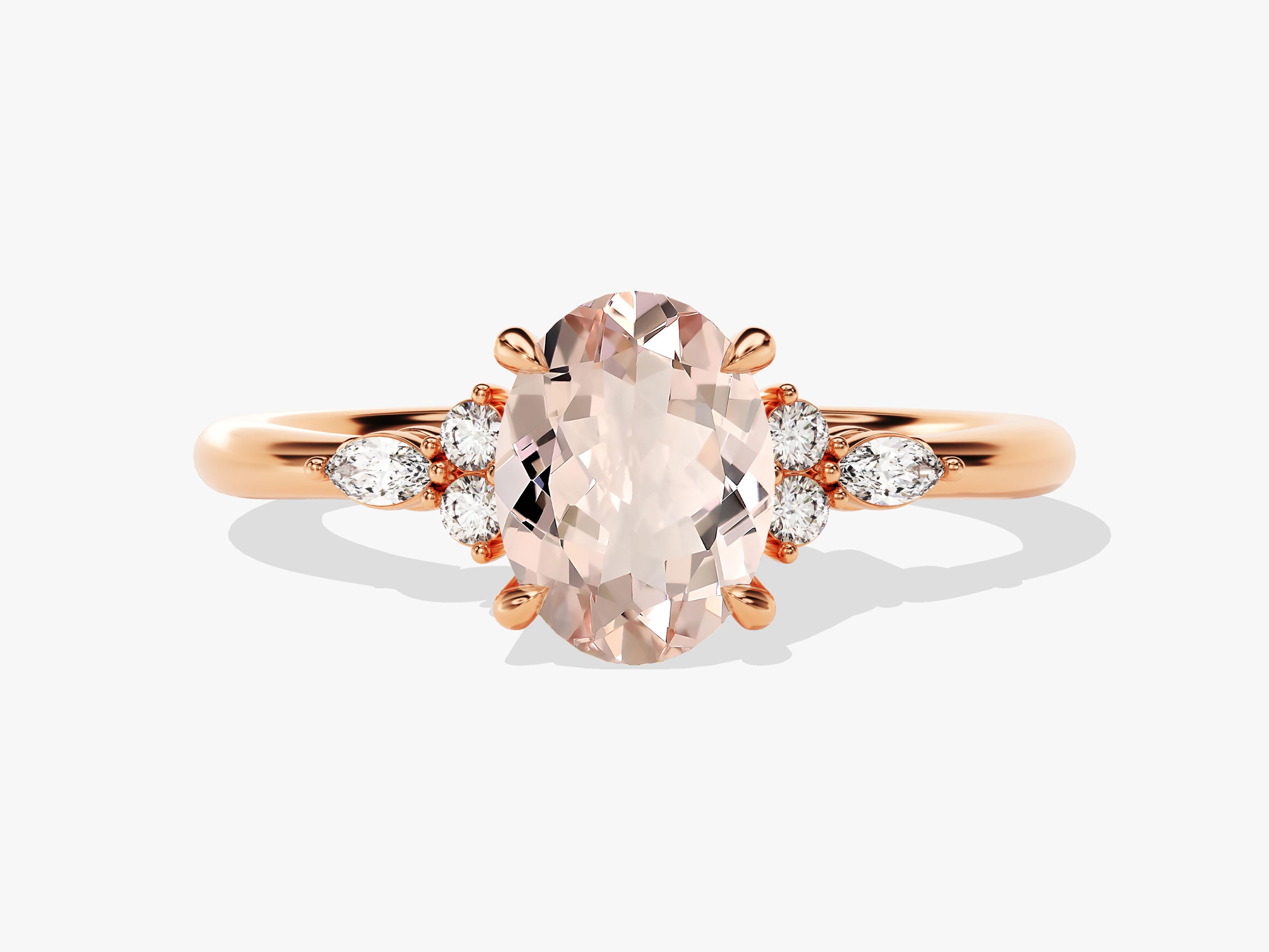 Oval Cut Peach Morganite Engagement Ring with Round and Marquise Sidestones
